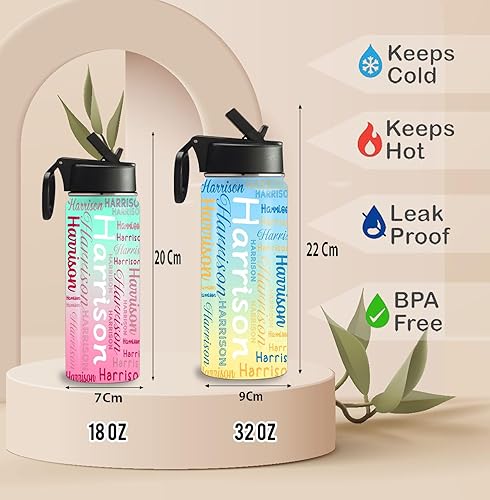 Miniatura 3 de Botellas de agua con nombres personalizados, botella de agua aislada con nombre, con popote, botella de agua reutilizable de acero inoxidable,