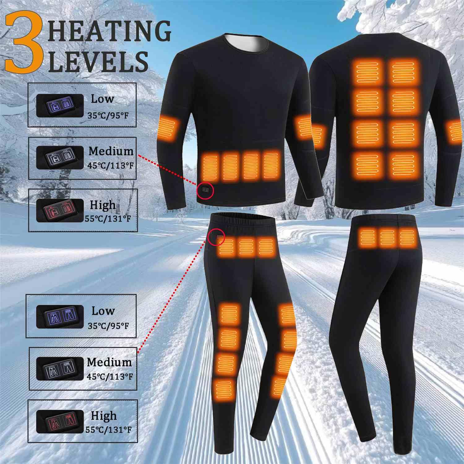 scosao Hombre Ropa Interior Térmica Calefactable USB 30 Zonas Conjunto Térmico de Invierno con Camiseta Manga Larga y Pantalones para Esquí Moto