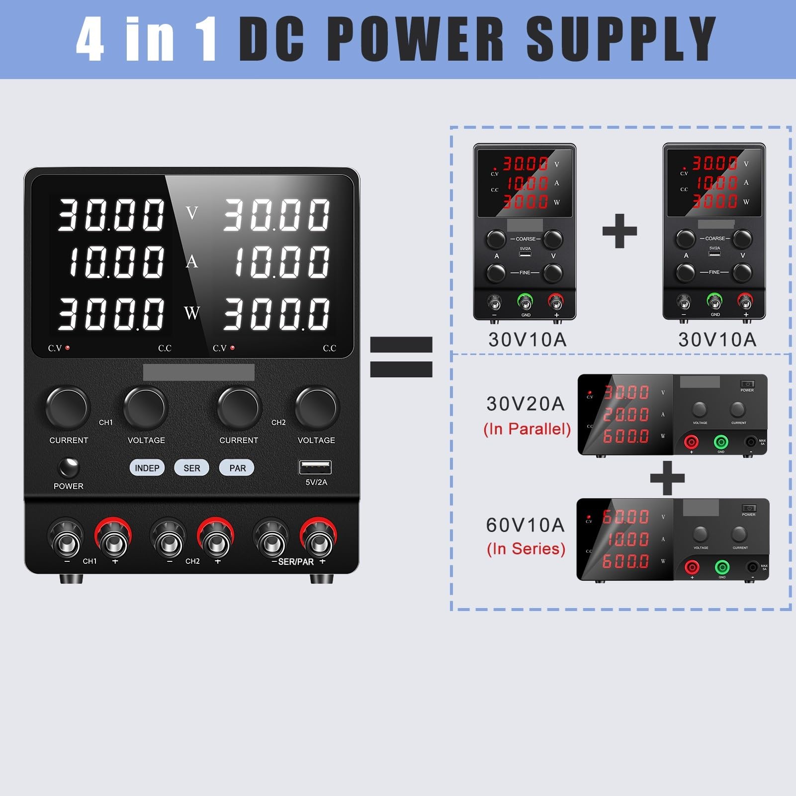 Fuente de alimentación, Fuente de alimentación CC Pantalla Digital Ajustable Fuentes Laboratorio Doble Canal Regulador Voltaje Salida múltiple(SPS605-2KD(60V、5A))