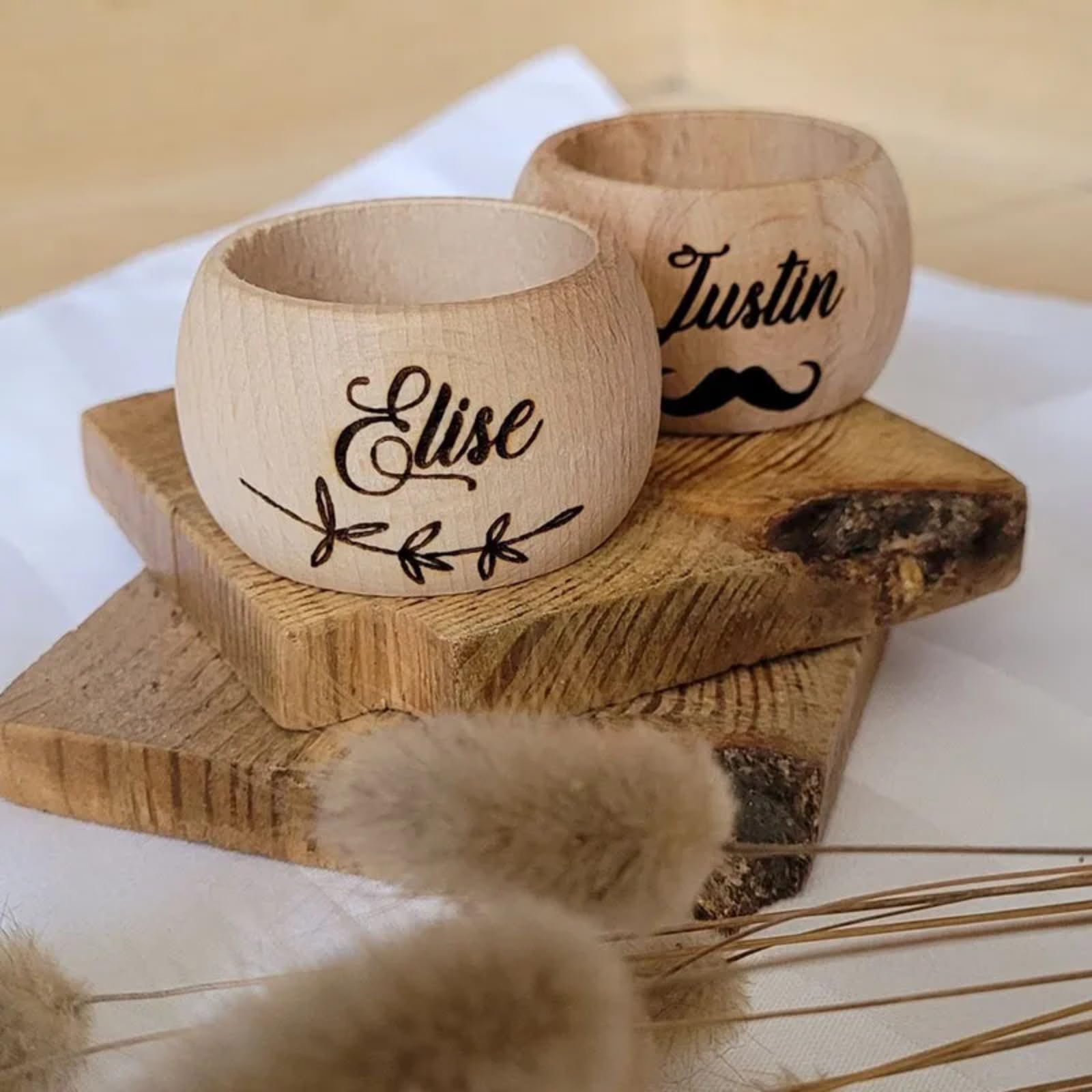 Set Di 6 Portatovaglioli Boho In Legno Con Perline E Nappe Di Iuta, Più Ghirlanda Decorativa - 5