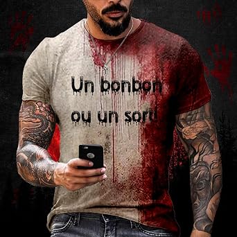 T-shirt Halloween Darringls – Imprimé Mains Sanglantes, Col Rond, Coupe Ajustée, Coton, Pour Homme