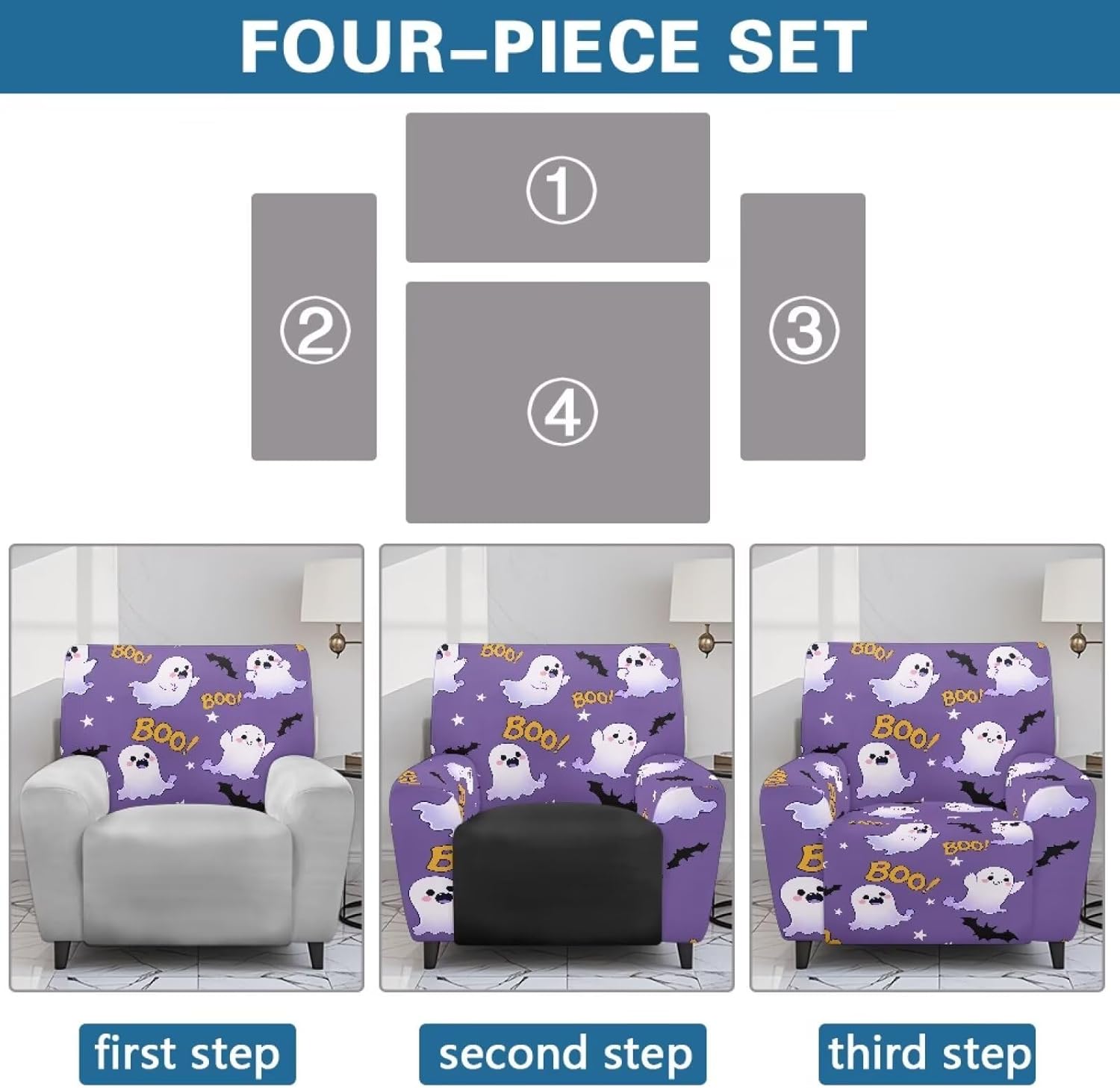 FOR U DESIGNS Cute Ghost Bat Slipcovers for Recliners 4 Pieces Stretchy Cover Storage Pockets Non Slip Protects Furniture Washable Recliner Chair Covers