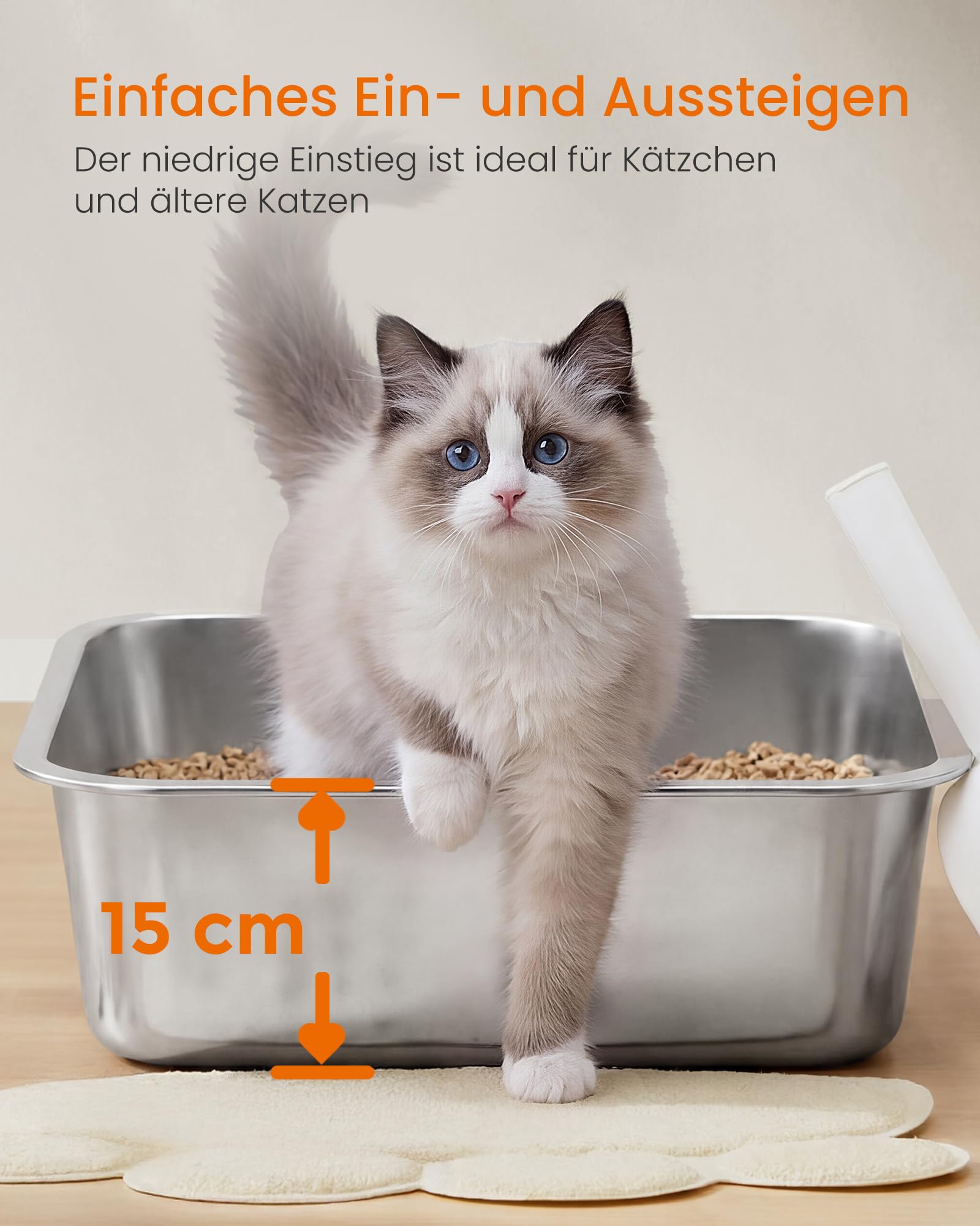 Feandrea Katzenklo Edelstahl, Katzentoilette offen, mit Schaufel, antihaftbeschichtet, geruchsfrei, leicht zu reinigen, M, 45 x 35 x 15 cm, für Kätzchen und kleine Katzen PPT014E101