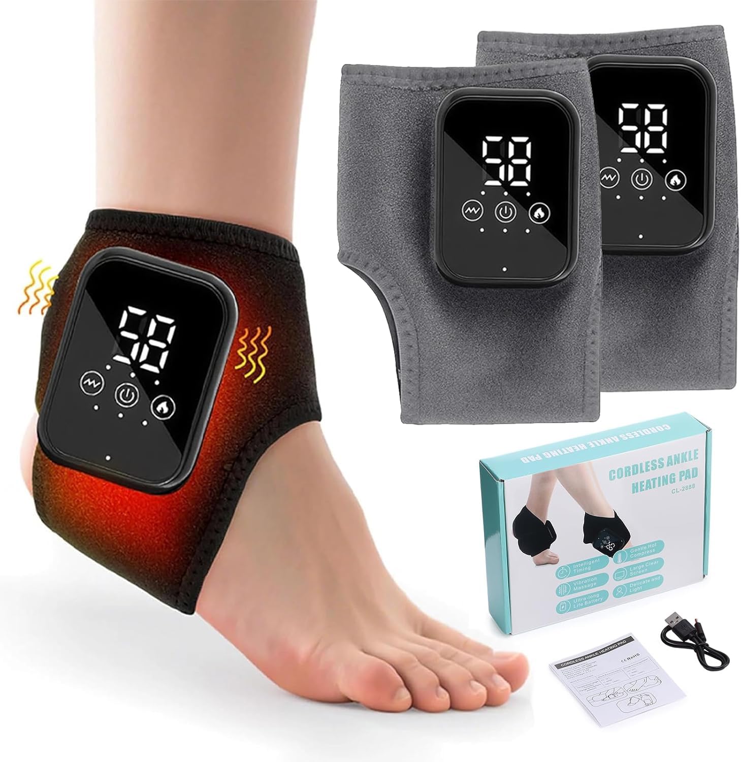 Lot de 2 masseurs de pieds 3 en 1, pour neuropathie, portable, électrique, rechargeable par USB, avec 3 modes, 5 niveaux de chaleur, pour jambes sans douleur et vitales