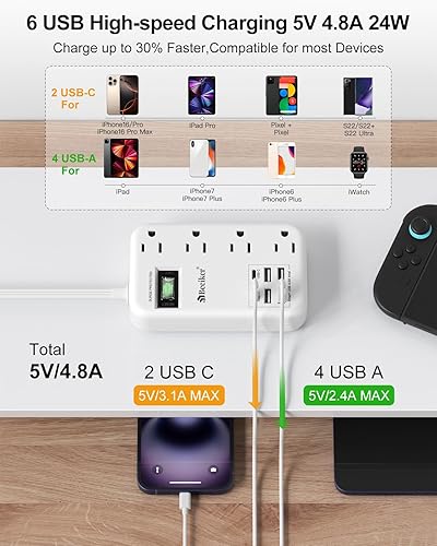 Miniatura 2 de Tira de alimentación de viaje con 6 USB (2 USB), cable de extensión de enchufe plano de 3 pies con estación de carga USB de 4.8 A 24 W y 4 tomas,