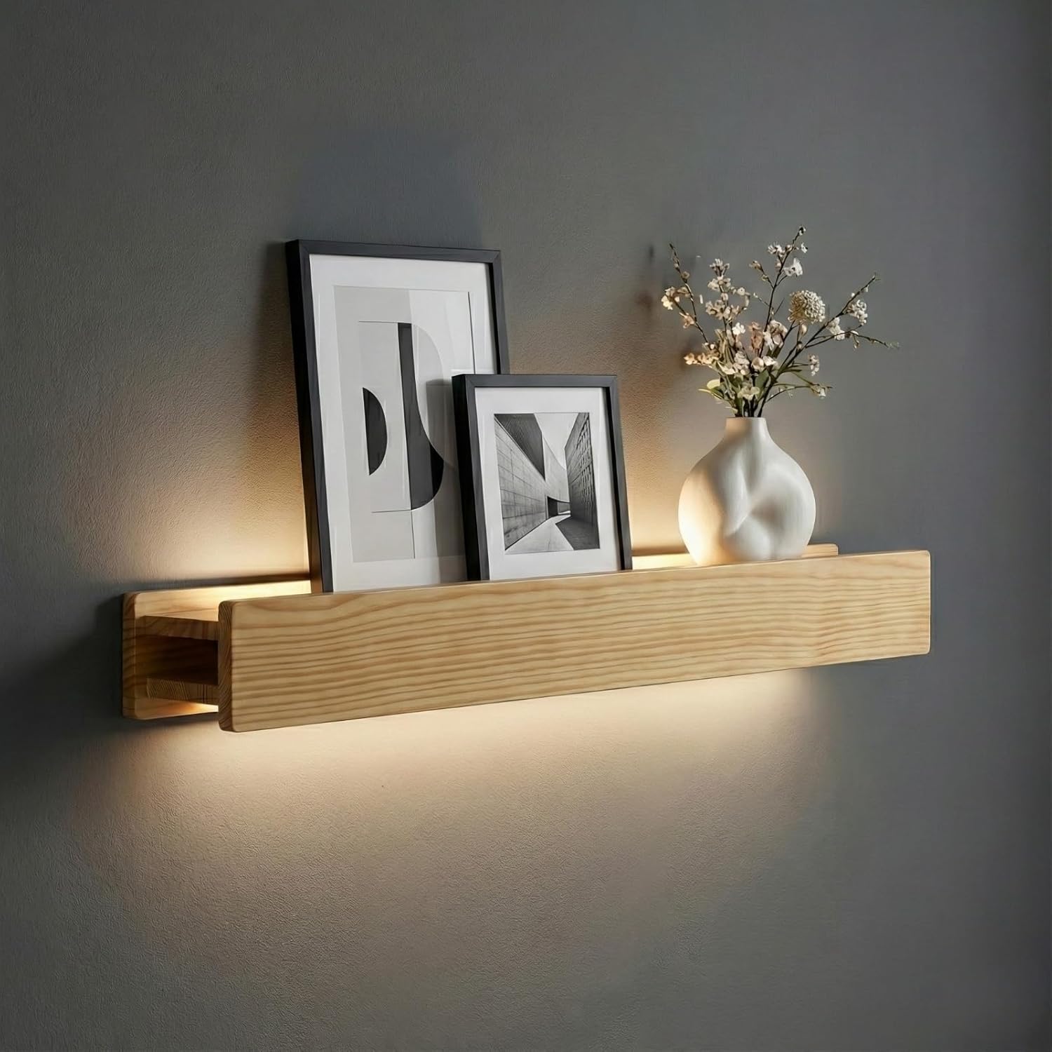 24" Natural Wood LED Floating Shelf, Heavy Duty Solid Pine Decorative Wall Mounted Shelf with Soft Ambient Lights, Minimalist Ledge for Living Room & Bedroom, Ideal for Scandinavian Home Decor