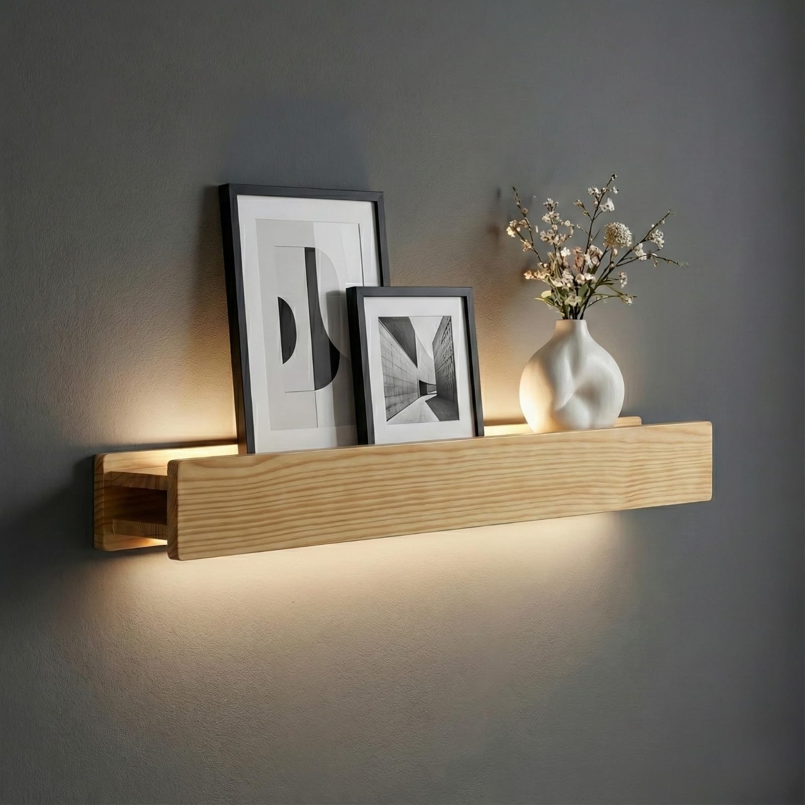 Floating Shelf with Lights, 36 Inch Natural Wood Wall Mounted Picture Ledge Display for Living Room & Bedroom Decor, LED Shelf, Easy DIY Assembly
