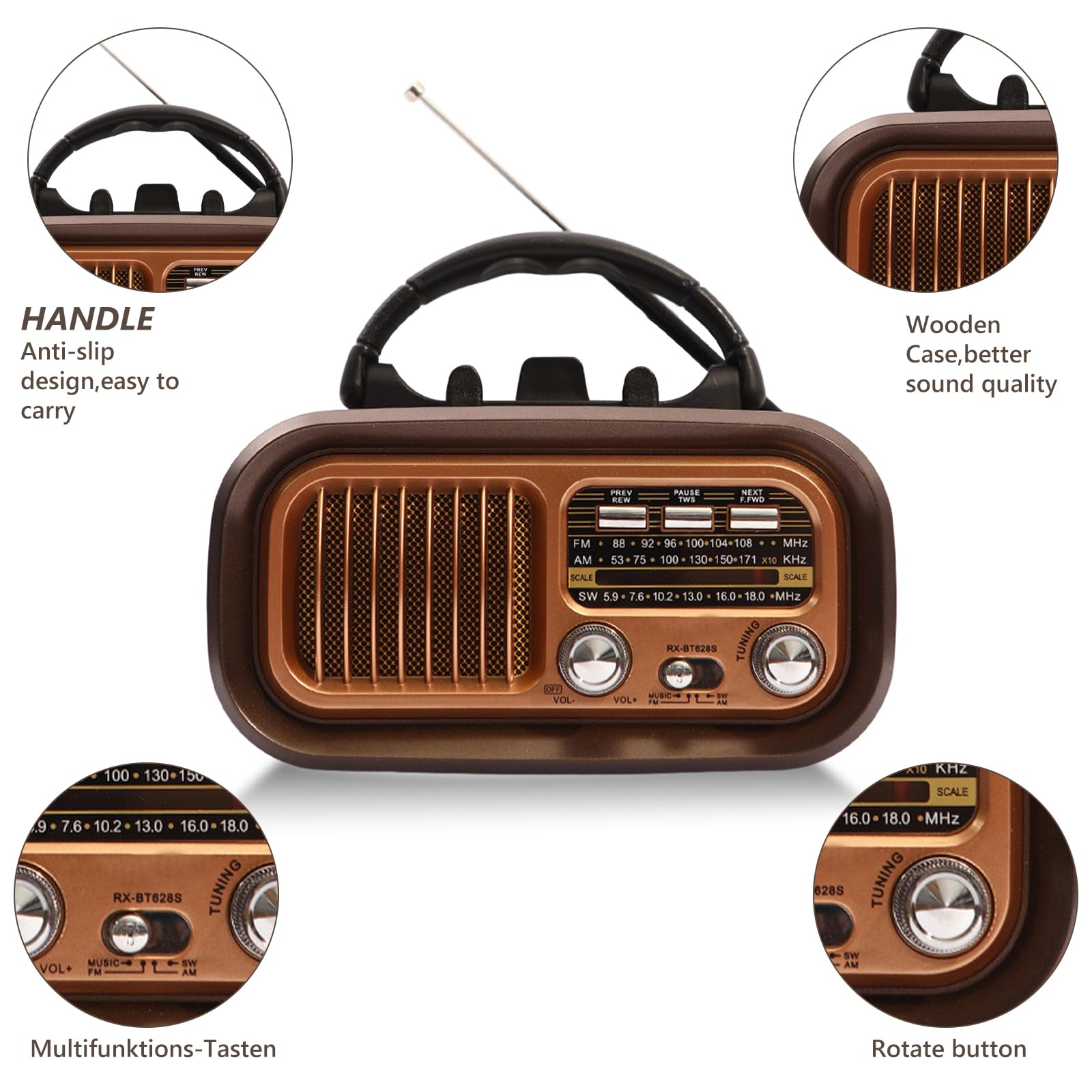 Retro Radio mit Bluetooth, AM/FM/SW Retro Radio Klein Solar Tragbarer Bluetooth Lautsprecher mit 1200mAh Akku, Unterstützt USB/TF, Vintage Radios für Zuhause, Büro, Outdoor