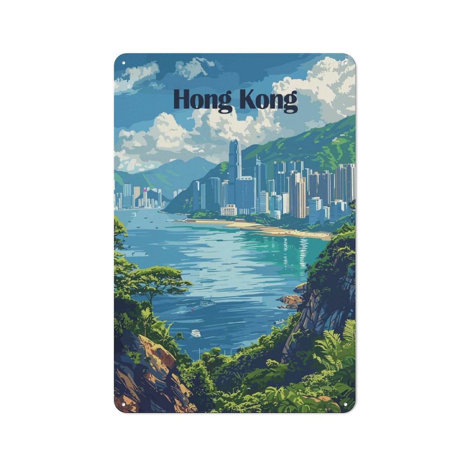 Kitchen Metal Sign with Hong Kong Cityscape Travel Design 30x20cm, Cosy Kitchen Wall Decor for Bakery, Diner, Cafe Or Family Room