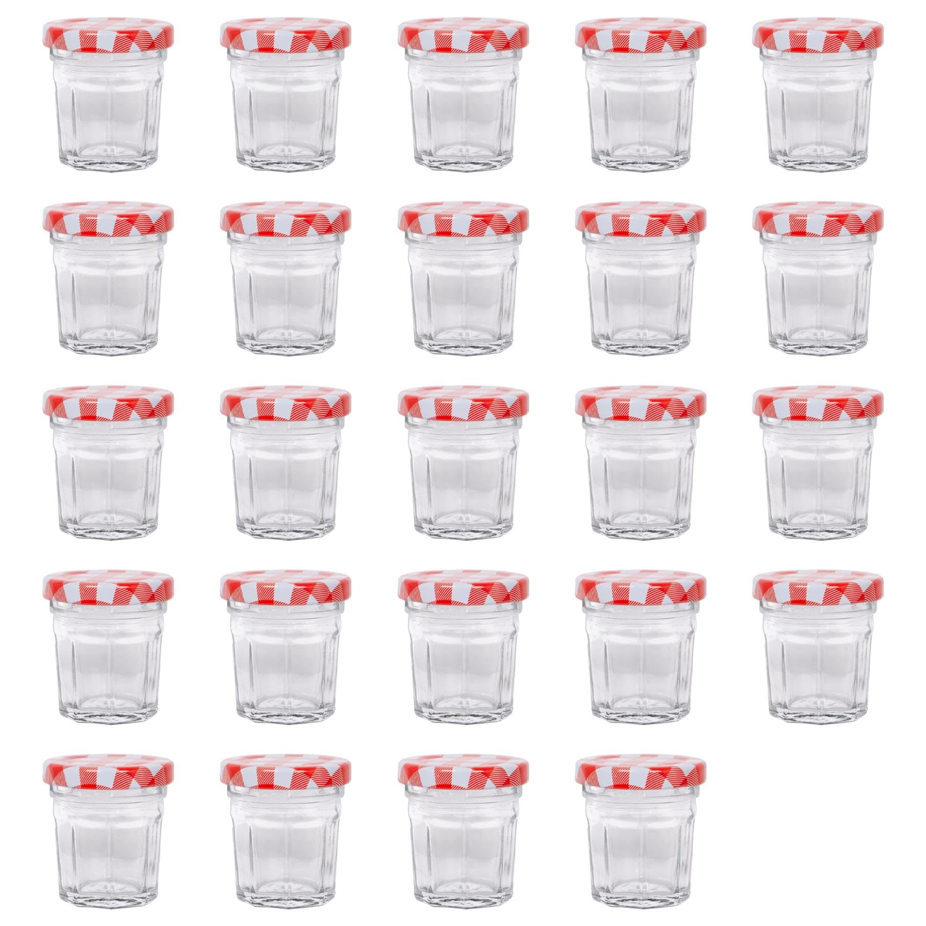 Argon Tableware Glass Jam Jars with Airtight Red Gingham Lids - 30ml - Pack of 24 - Empty Screw Top Kitchen Storage Jar for Food, Honey, Spice, Pickling, Preserving, Candle Making