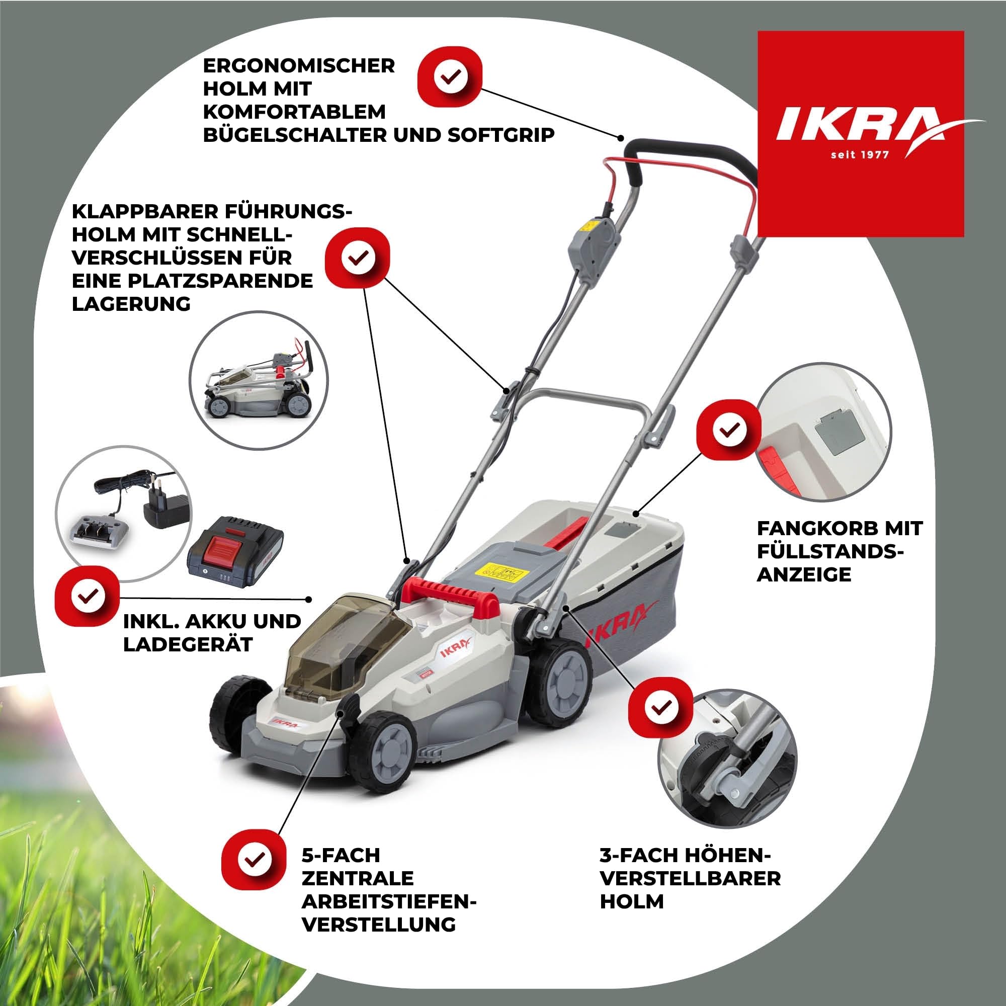 IKRA Rasenmäher ICM 2033, Breite 33cm, inkl. 2 Akkus 20V & Ladegerät | Schnitthöhe 25-75mm, Mulchmäher für Rasenflächen bis 150m², Holm höhenverstellbar, Fangsack 30l, 20V-Akku-Familie von IKRA