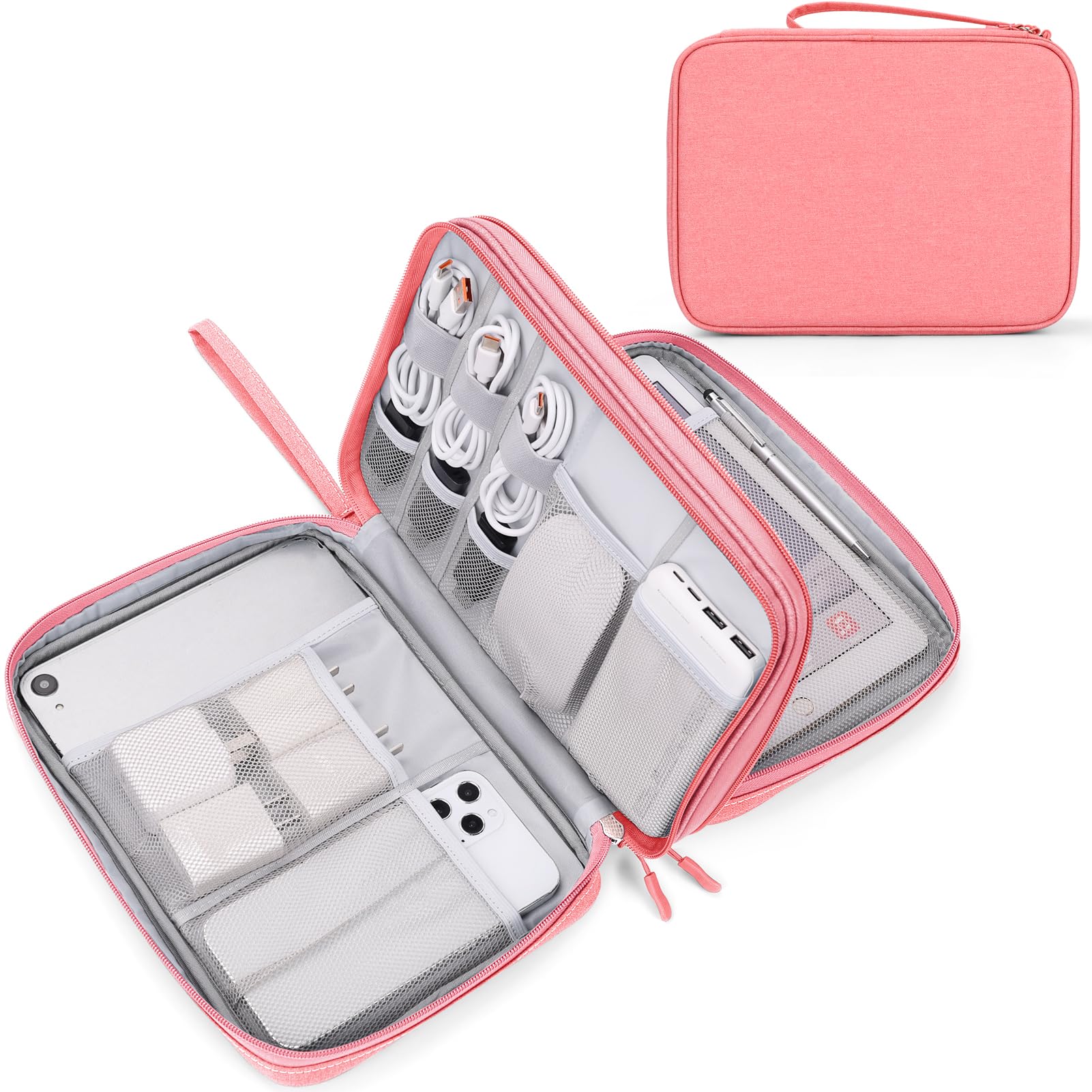 FYY Electronic Organizer, Travel Tech Pouch Bag, Extra Large, Pink | Wrist Strap, Waterproof, Double Layers Electronics Travel Case for iPad, Cord, Laptop Charger, Daily and Business Trips Use 10.8 x 8 x 3.15 inches Pink