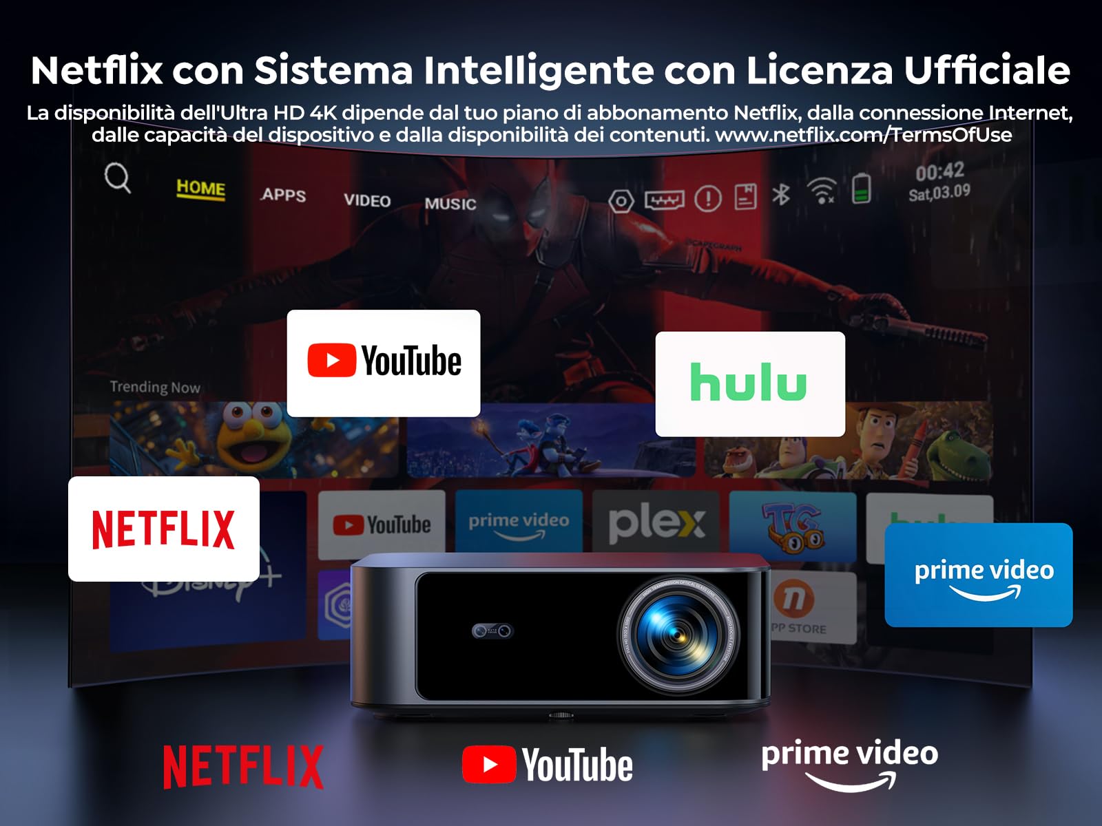 Proiettore 4k【Netflix Ufficiale/1200 ANSI/36W Dolby Audio】Wifi 6 e Bluetooth Bidirezionale proiettore,AI Autofocus/Evita Ostacoli Proiettere TV, videoproiettore Toptro X9 per PS5/Outdoor/Home Theater