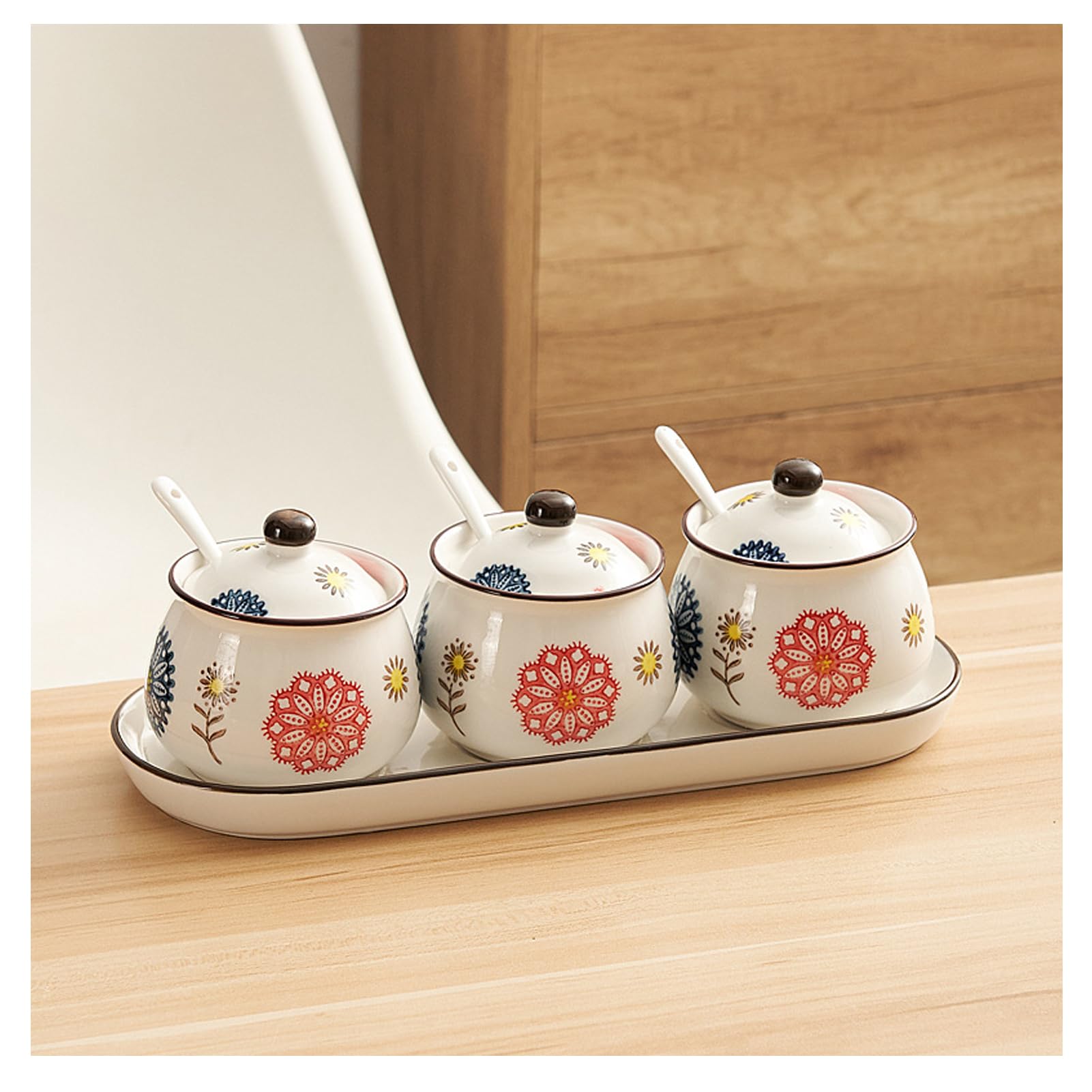 Ensemble de pots à épices - Pots à condiments en céramique avec plateau, ensemble de rangement de cuisine peint à la main