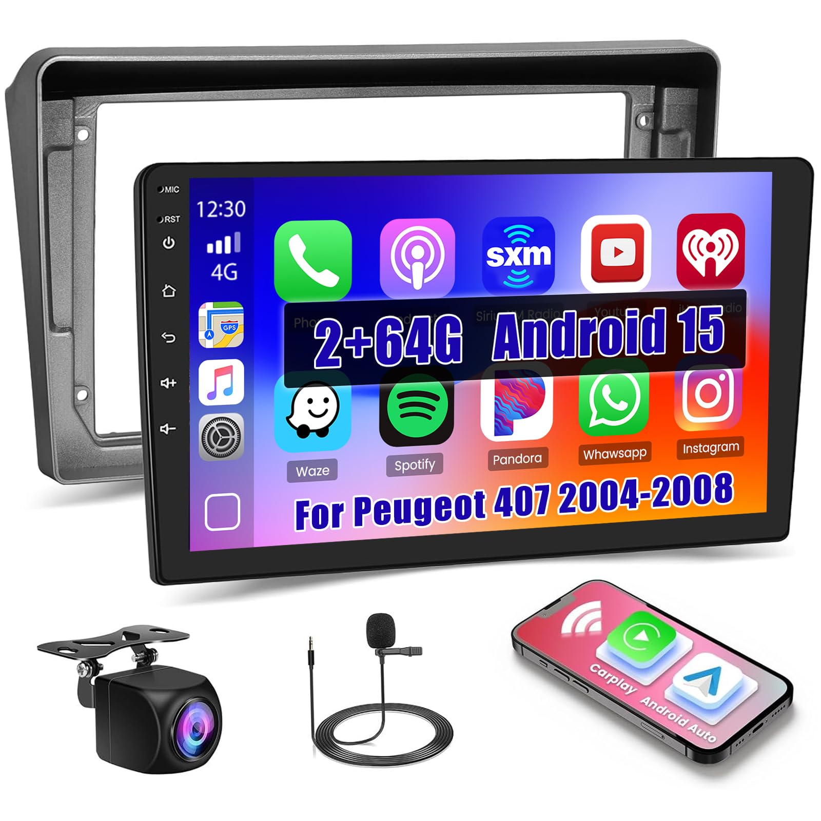 Inefala 9" 2G+64G per Peugeot 407 2004-2008 Autoradio Android 15 con Wireless CarPlay Android Auto Mirror Link Touchscreen Stereo Auto 2 Din con GPS WiFi FM/RDS USB SWC Mic Retrocamera