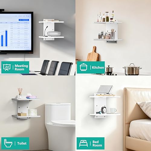 Miniatura 7 de WALI Estante flotante para TV, estante de proyector de 2 niveles para reproductores de DVD, enrutadores, consolas de juegos, cajas de cable,