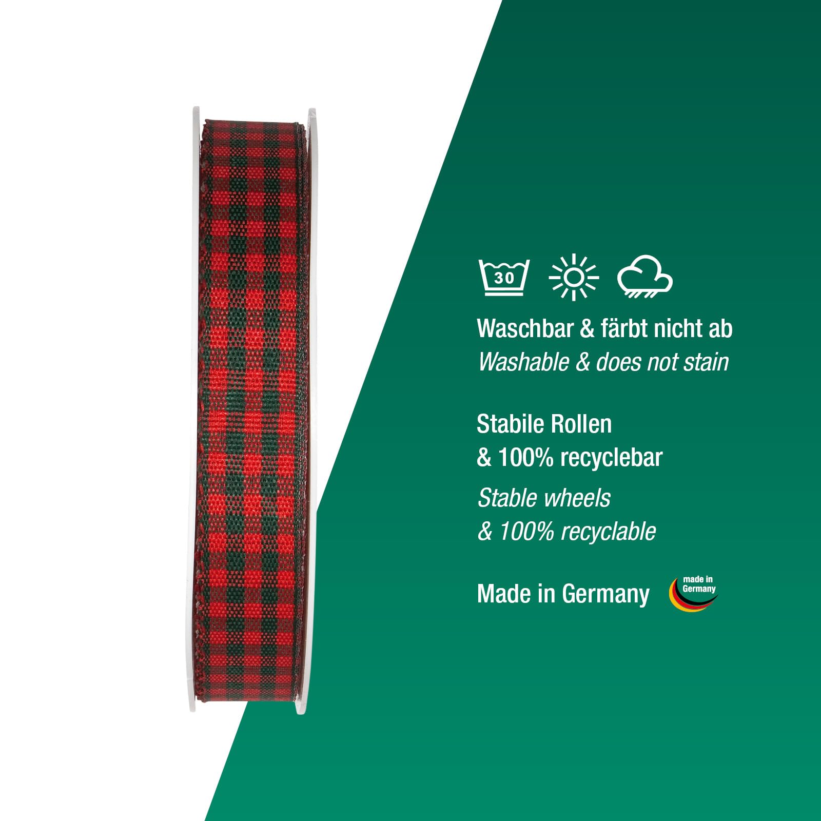 Halbach Seidenbänder Premium Vichy Chequered Gift Ribbon Red/Dark Green Width 15 mm Length 25 m Chequered Ribbon Made in Germany - Image 3