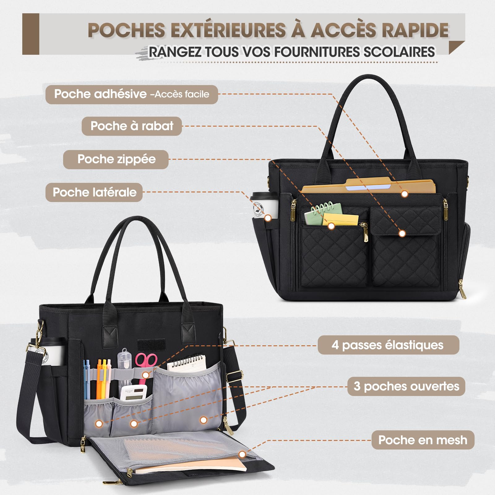 RAINSMORE Sac Enseignant Sac Ordinateur Femme 15,6 Pouces avec Compartiment Isotherme Grand Sacoche Cabas de Travail pour Infirmière Bureau Université Noir