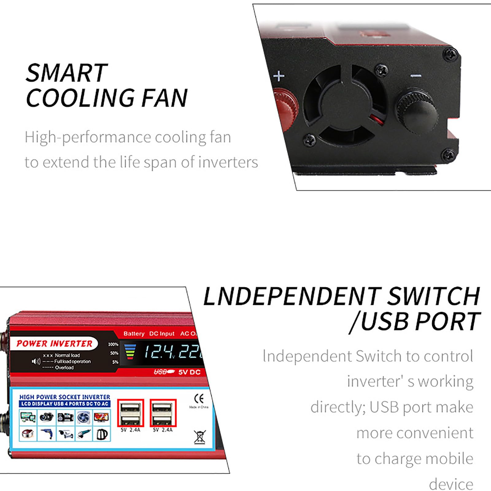 FAXIOAWA Convertitore di Potenza 2000 W, CC 12 V 24 V a 110 V 220 V, Caricatore per Auto 3 in 1 accendisigari con Display LCD per Auto/roulotte/Campeggio/Barca, 12 V-220 V