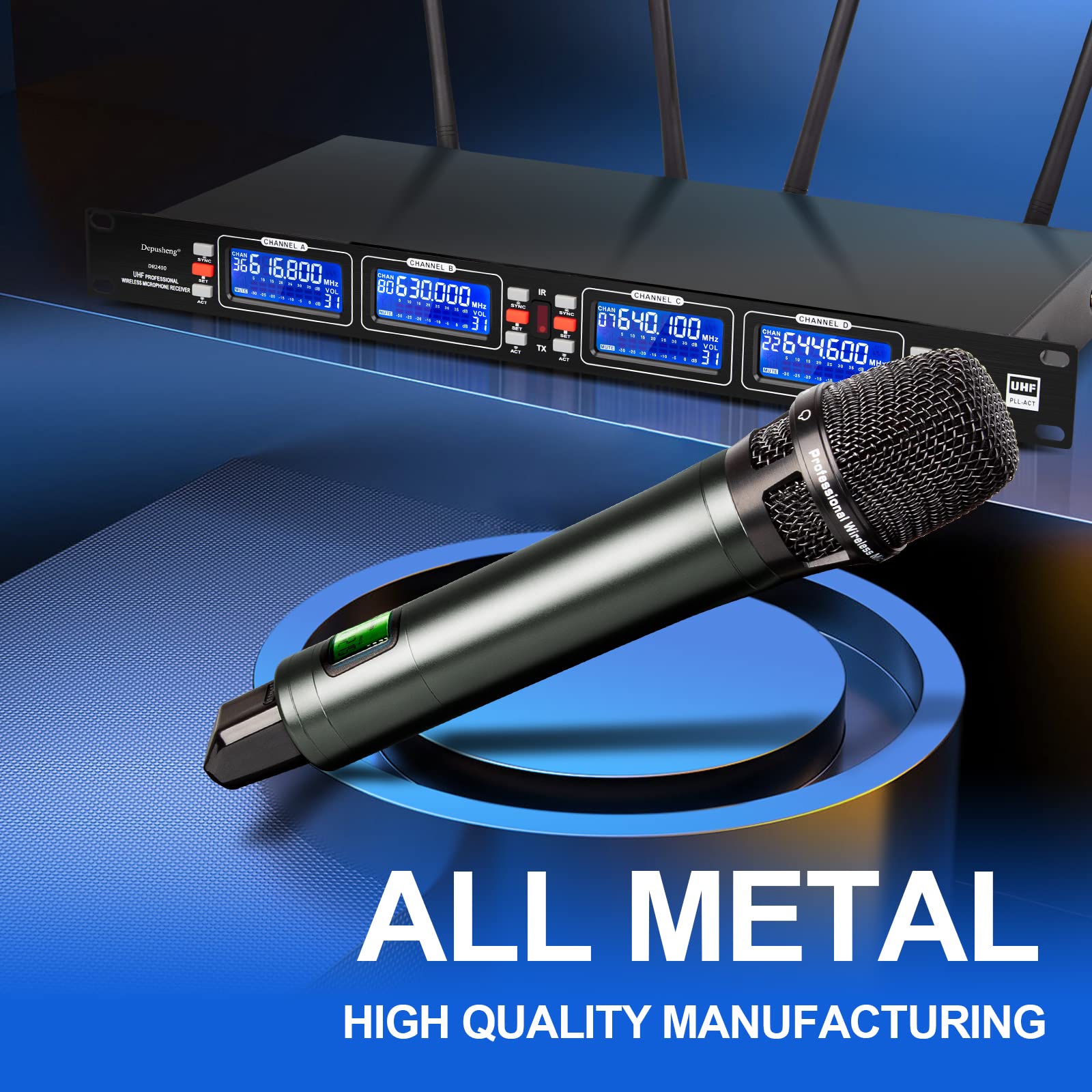Depusheng DR2400 micrófono inalámbrico de Mano de 4 Canales para Escenario Profesional, Carcasa de Metal, Rango de recepción de 100 Metros, Muy Adecuado para Karaoke, Fiestas, Bodas