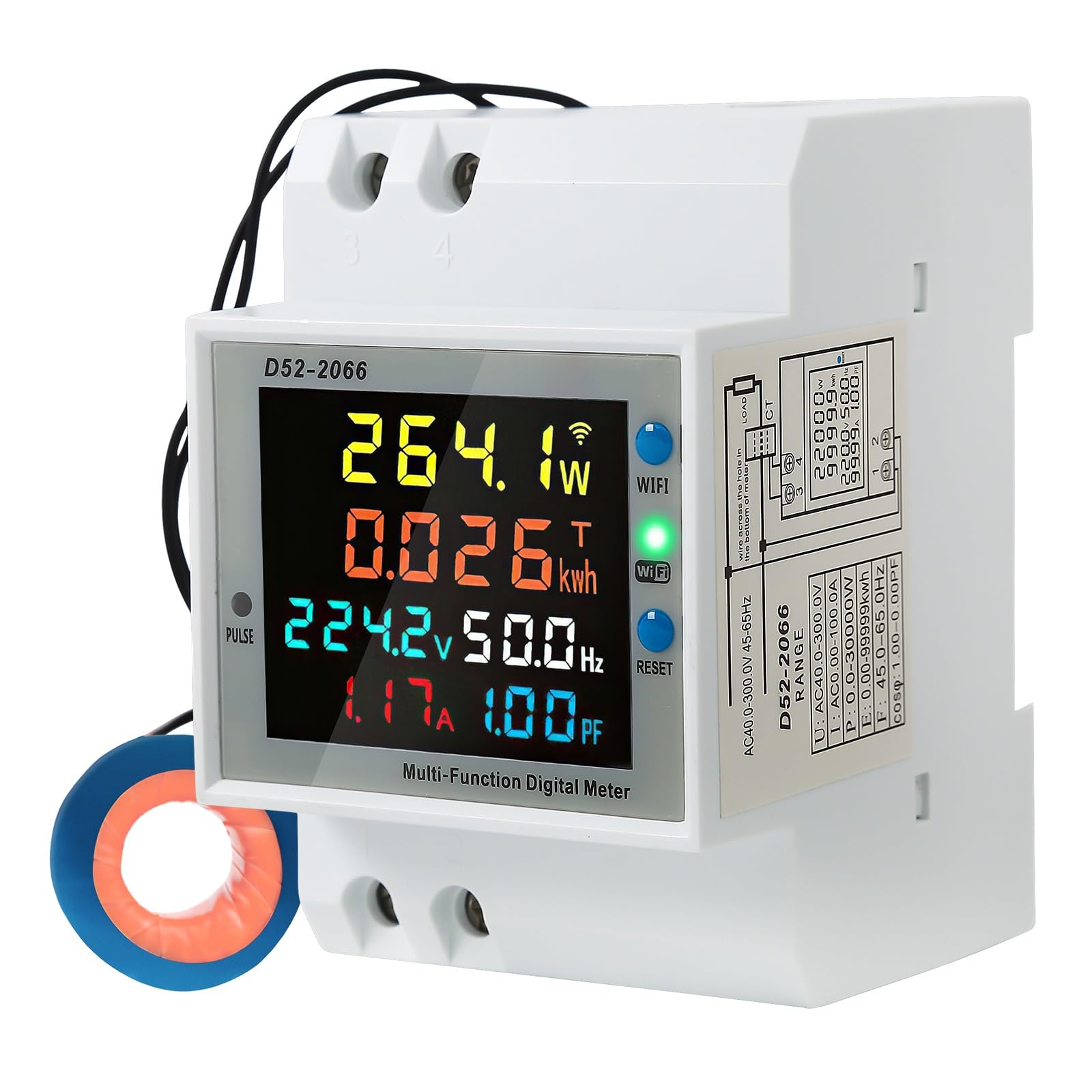 Jadeshay WiFi Compteur d'Énergie Monophasé, 6 en 1 Compteur Electrique Wattmetre Wifi LCD Voltmètre Ampèremètre Numérique pour Rail DIN Compteur KWh AC40-300V 100A(CT externe)
