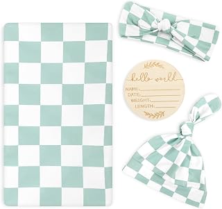 TANOFAR Newborn Swaddle Blanket for Baby Girls & Boys, Ultra Soft Receiving Blankets with Matching Headband and Beanie Set Baby Nursery Swaddle Wrap, Green Checkerboard