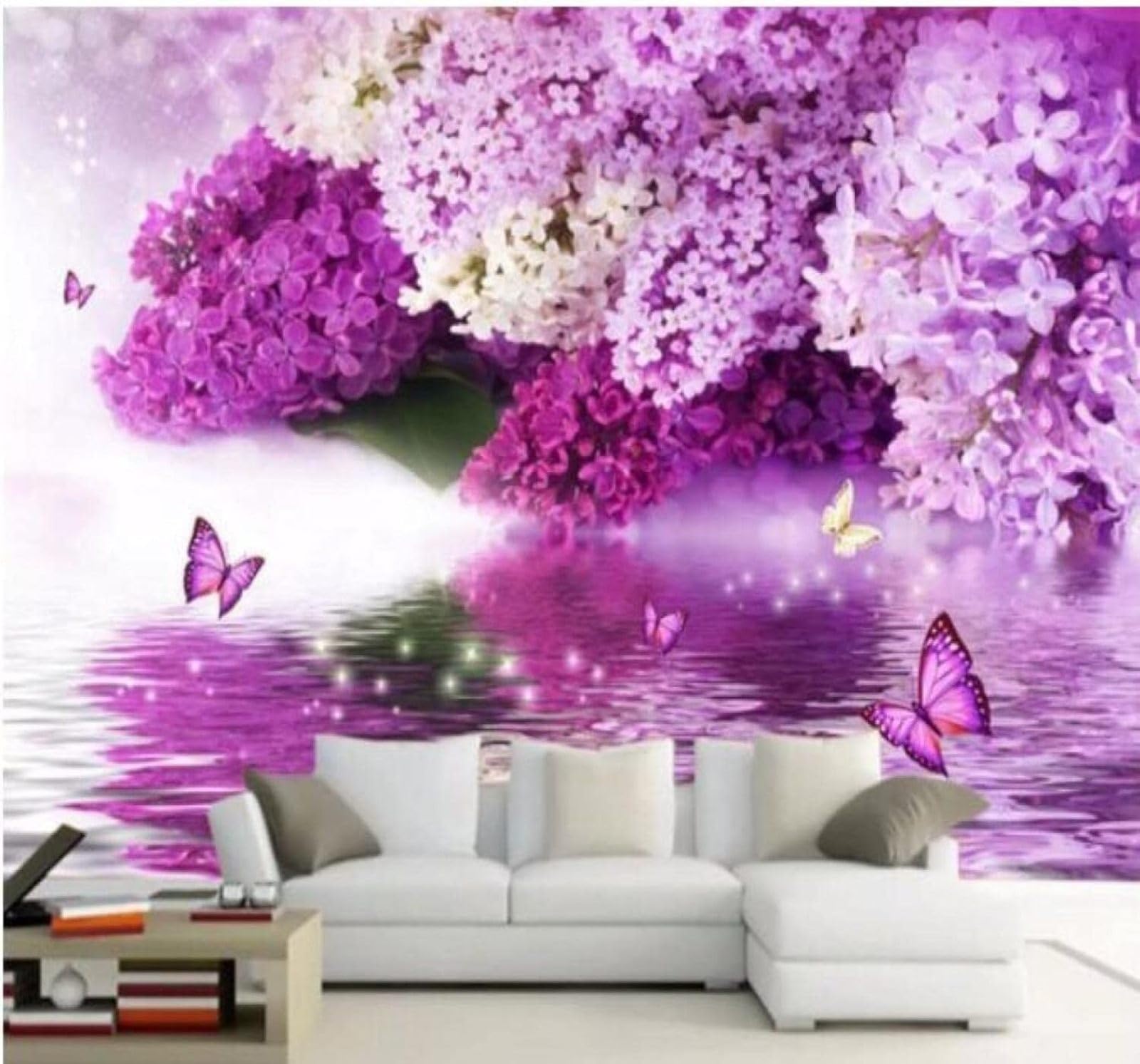 XLMING Beautiful Purple Flowers Reflection Butterflies 3D Wallpaper Luxury Home Dining Decor Paste Sofa Living Room The Wall for Bedroom Mural-350cm×256cm