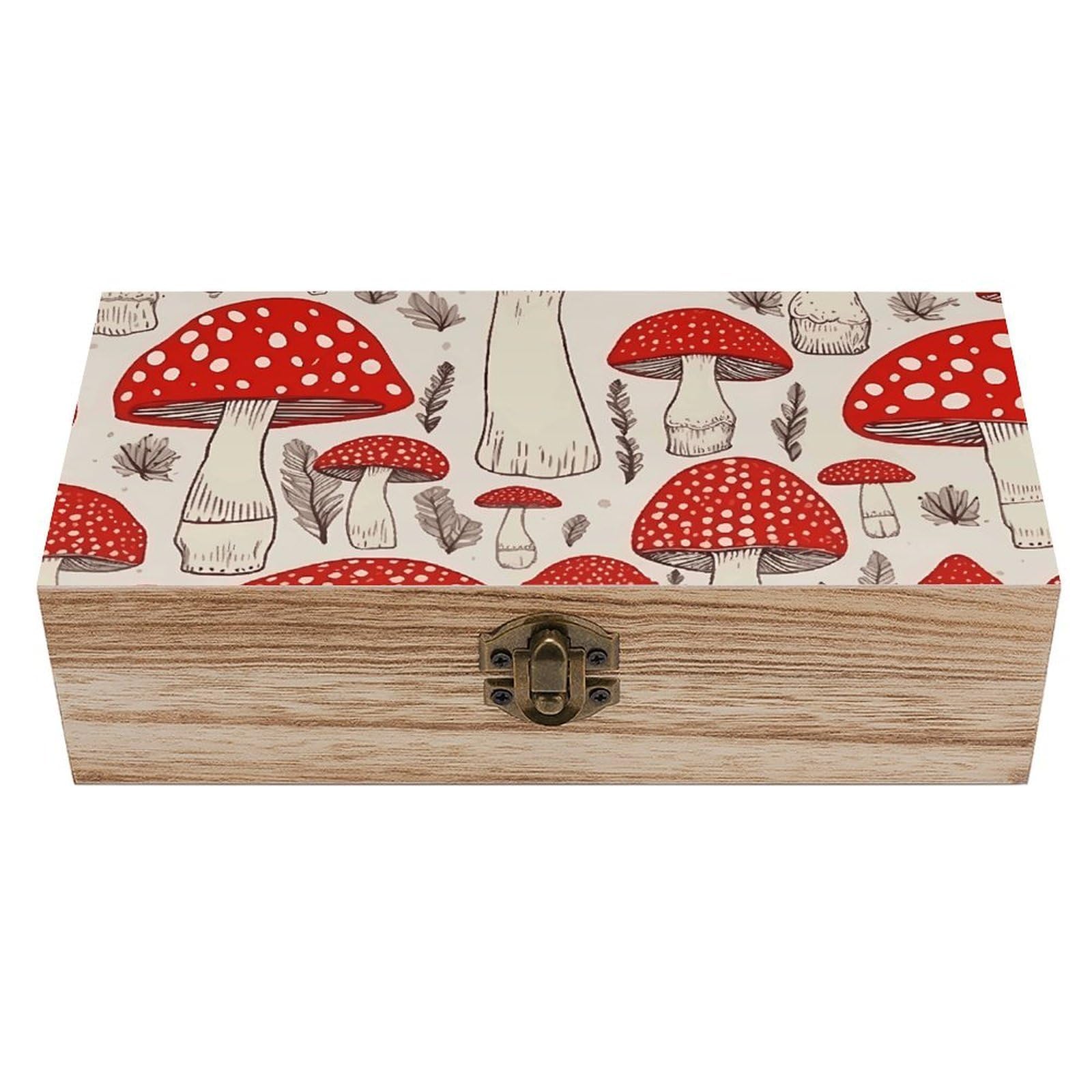 LZQPOEAS Red White Mushroom Wooden Storage Box Small Decorative Box with Hinged Lid Handmade Elegant Keepsake Storage Box for Jewelry, Photos, Trinkets, Letter Gifts, Small Heirlooms