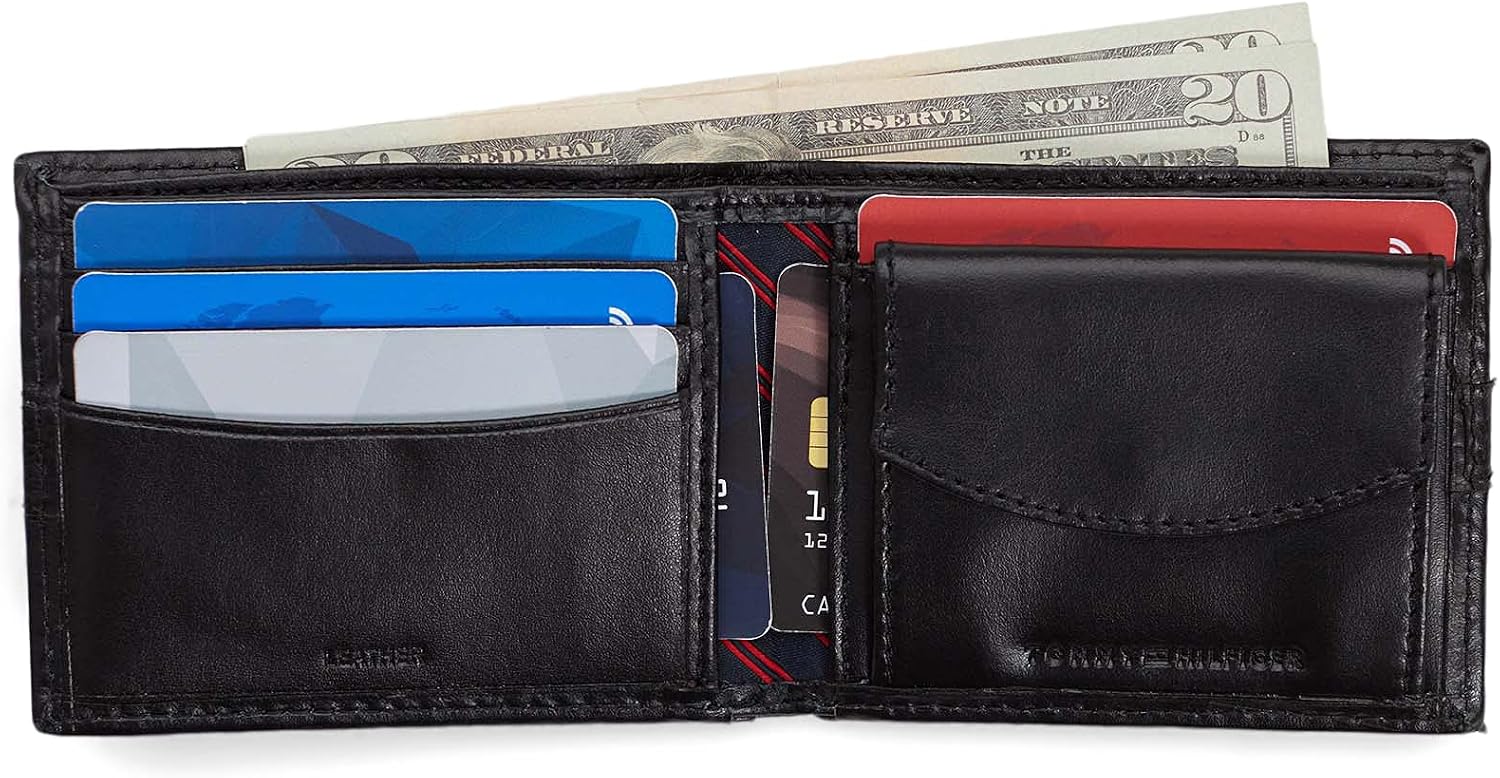 Tommy Hilfiger Men's Classic Bifold Wallet with ID Window and Multiple Card Slots, Deep Black, One Size, Dark Black - Image 5