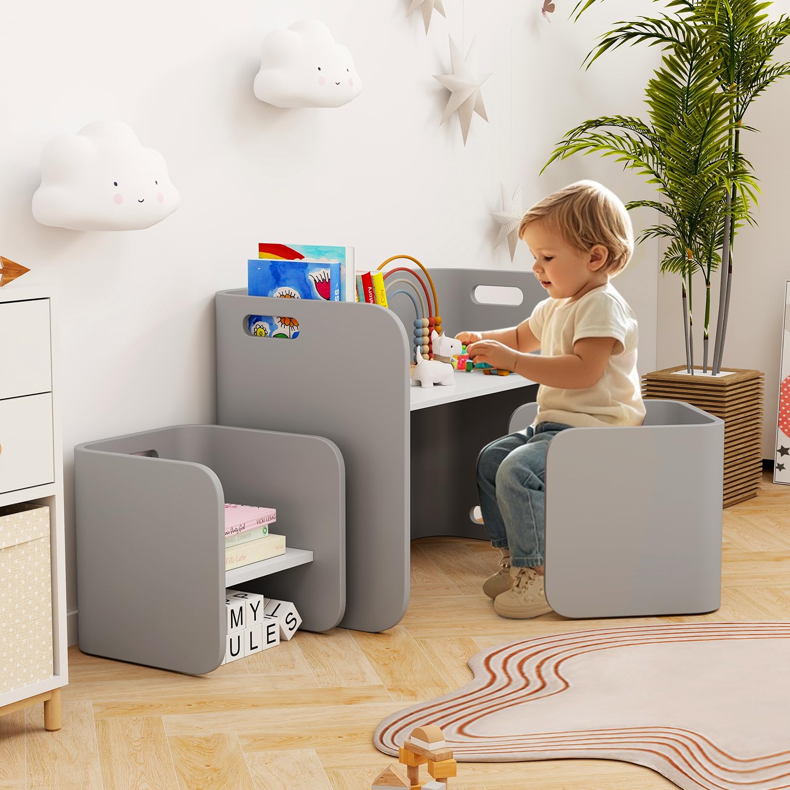 RELAX4LIFE Set da Tavolo e Sedie per Bambini con Design Multiuso, Tavolo/Scrivania/Panca con Schienale/Tavolino Laterale 4 in 1, Salvaspazio, in Legno di Betulla (Grigio)