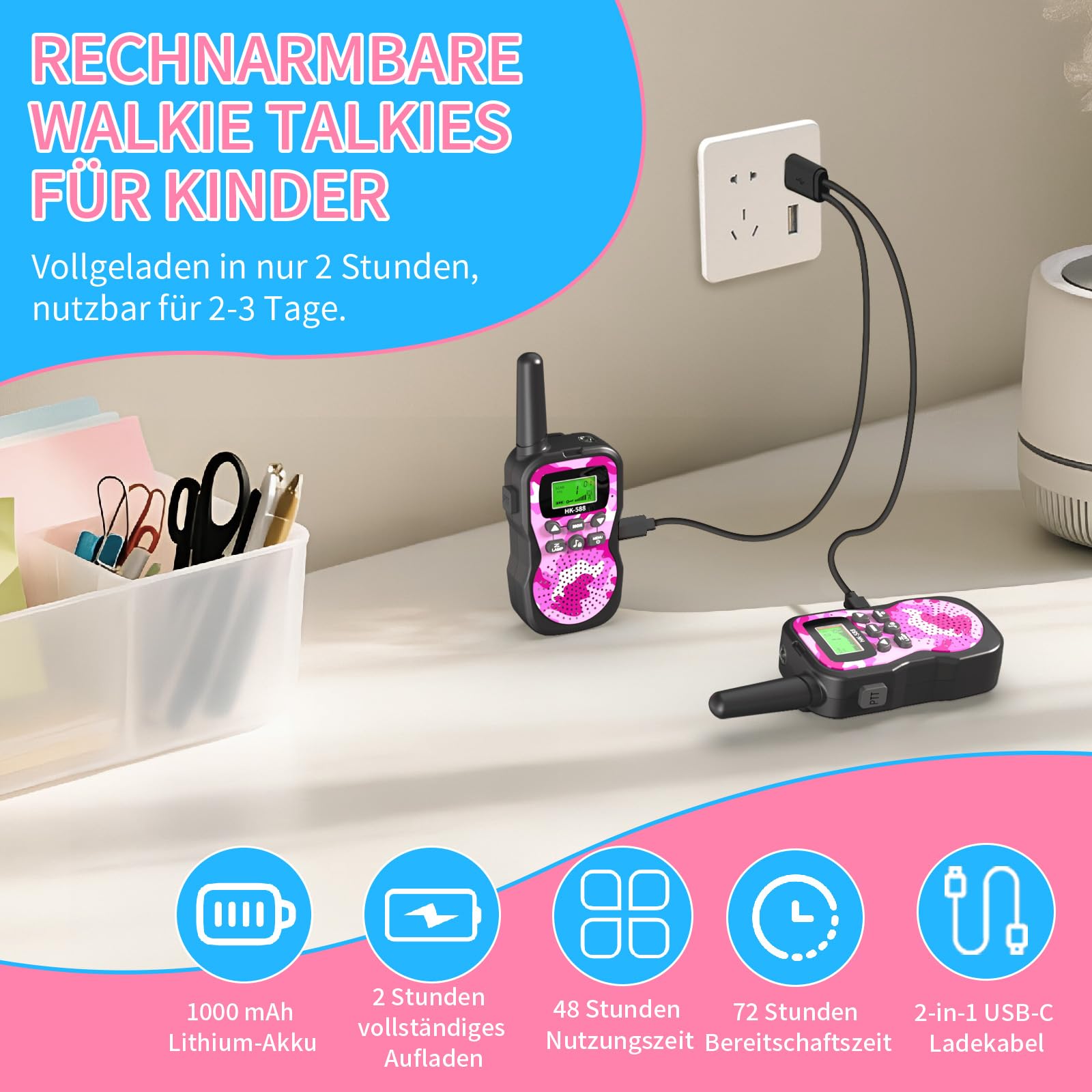 2er Set Walkie Talkie Kinder Aufladbar, 8 Kanäle, 48h Betrieb, Taschenlampe, 3 Kilometer Walkie Talkie Set，Geschenk für Jungen & Mädchen ab 3 Jahren – ideal für Camping, Spielplatz & Spielen