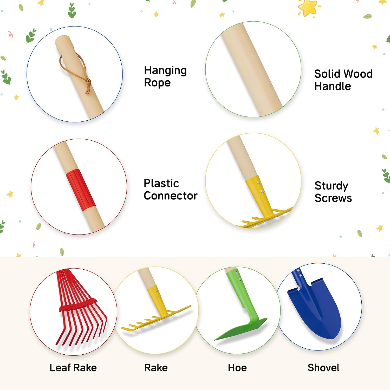 4-Piece Garden Tool Set with Shovel, Rake, Hoe, Leaf Rake - 2 Pairs of Gloves & 2 Storage Bags, Wooden Gardening Tools for Yard & Lawn Care