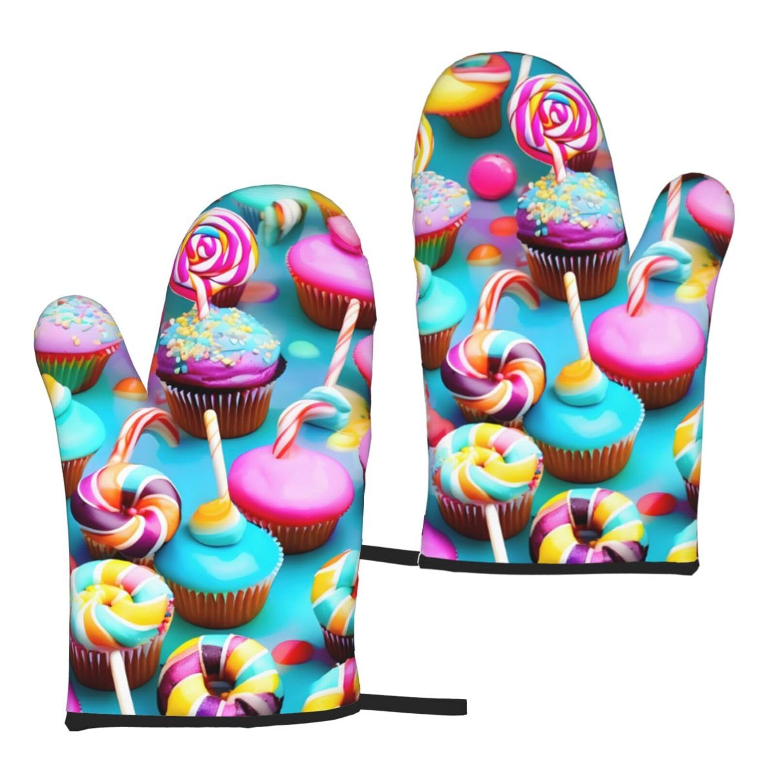 Colorful Sweet Lollipop Cupcake Donut Print Heat Resistant Universal Fit Oven Microwave Gloves Home Cooking Baking Grilling