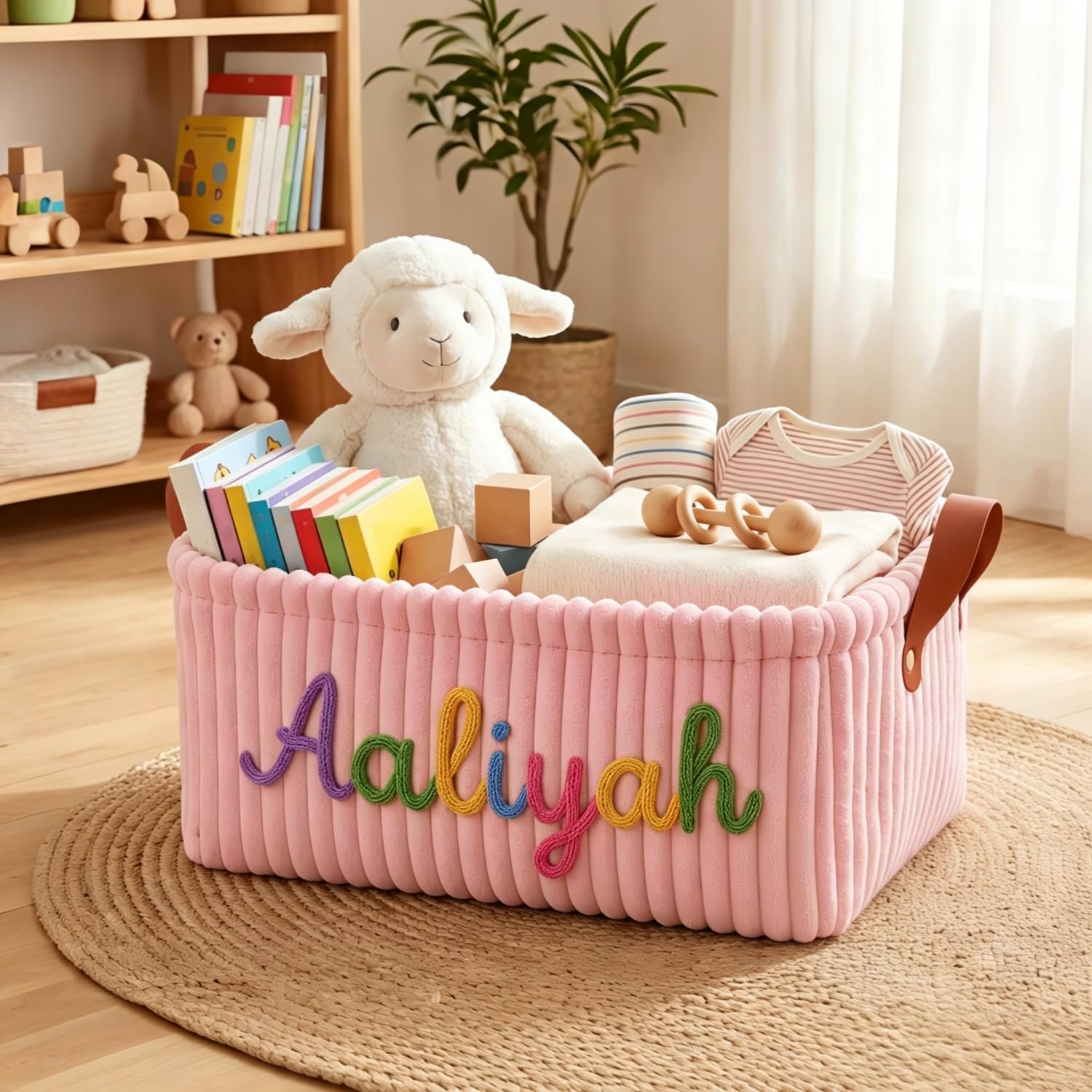 Bfbzyme Pink Personalized Woven Name Baby Diaper Basket, Custom Corduroy Nursery Organizer Storage Caddy, Foldable Clothes And Wipes Holder For Newborn