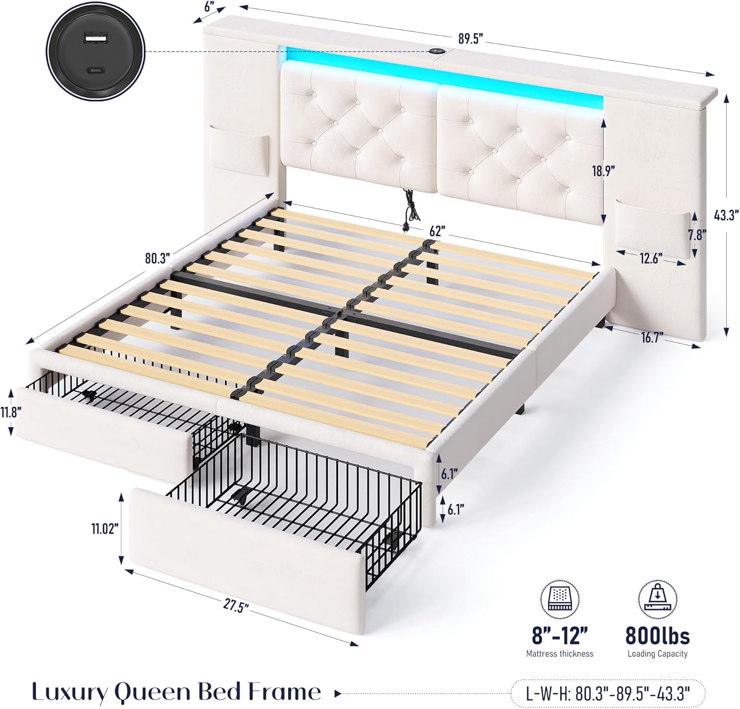 Queen Bed Frame with Wide Headboard Velvet Platform Bed Frame with LED Light,Charge Station,No Box Spring Needed, Beige