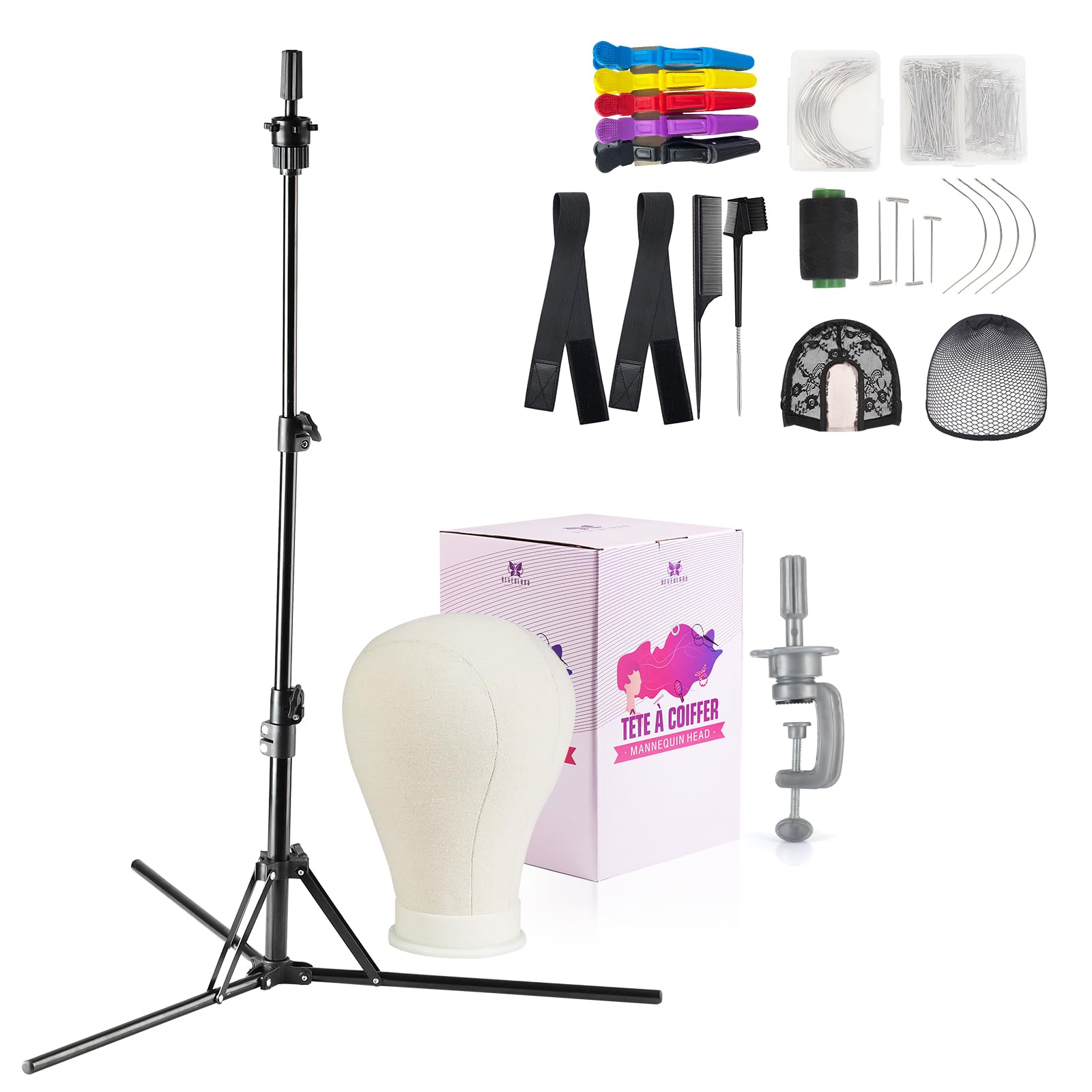 Neverland Beauty & Health 23 Inch Canvas Wig Head with Foldable Mannequin Head Stand (up to 63"),All-in-One Wig Head Stand with Mannequin Head Accessories with Gift Box