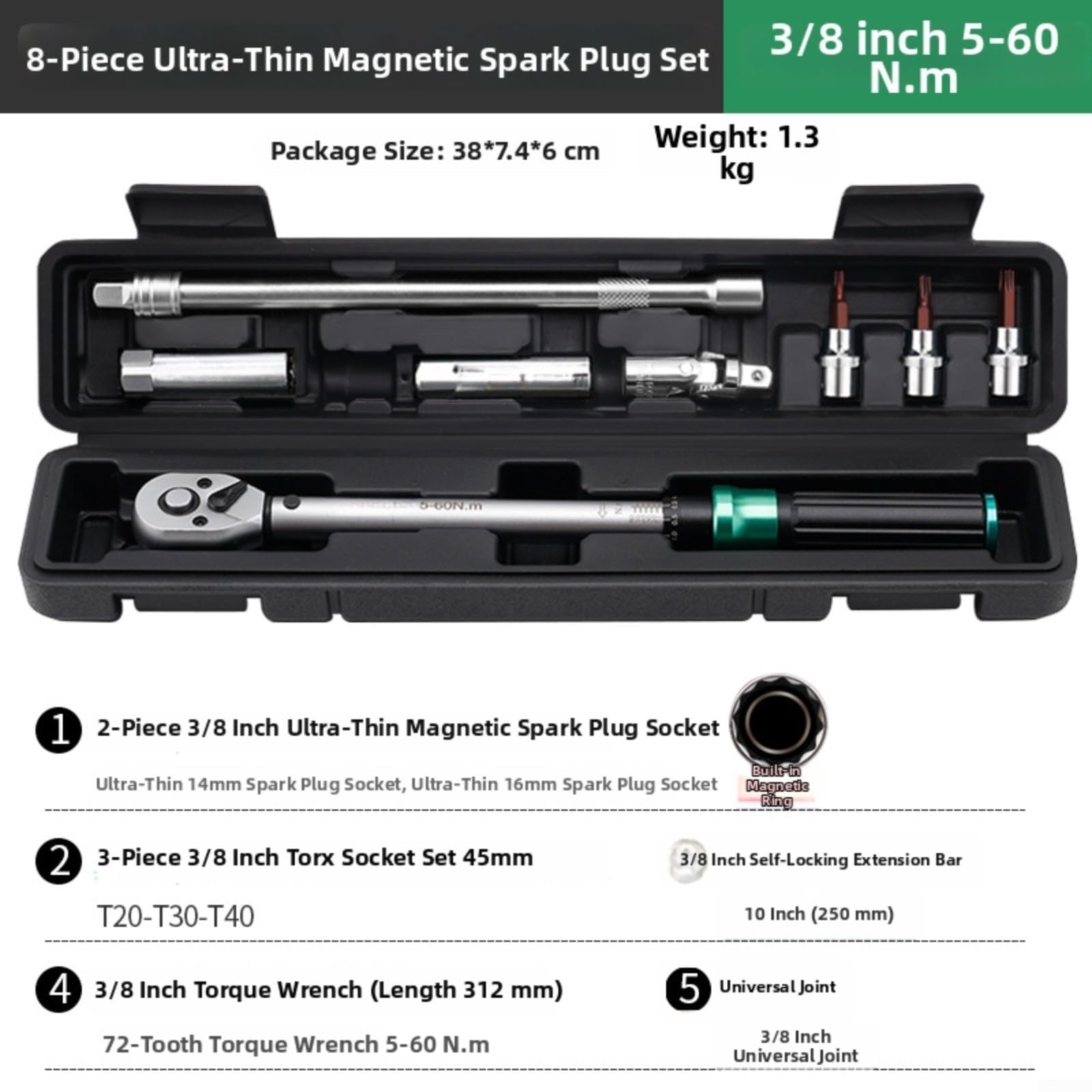 Chiave dinamometrica, 5-60 N.m, chiave dinamometrica regolabile a 72 denti, kit di chiavi magnetiche in acciaio al cromo vanadio, per manutenzione auto, nero e verde (8 kit)