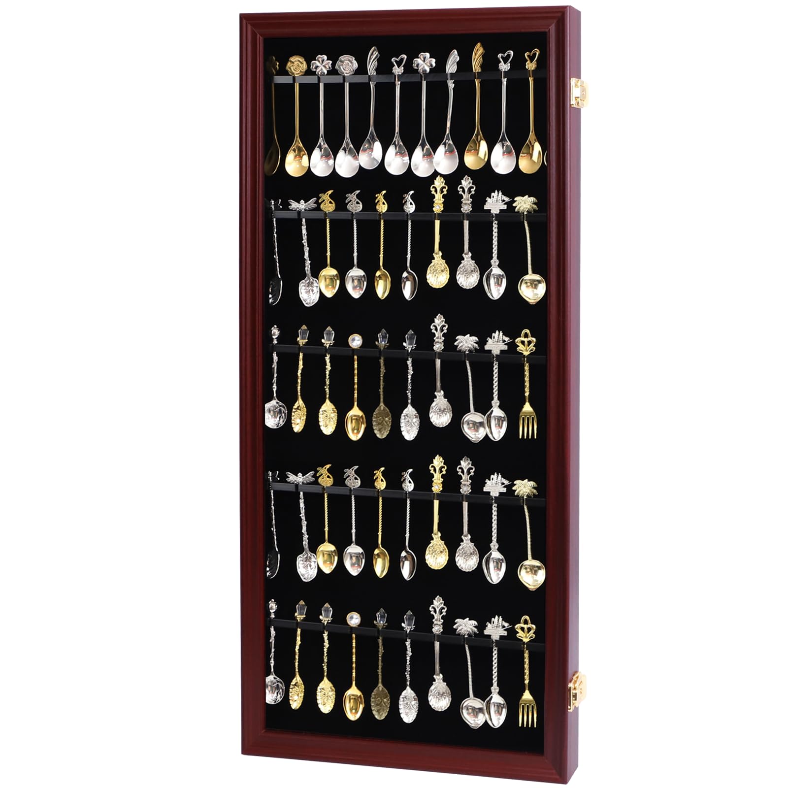 Expositor de 60 cucharas de té de recuerdo, colección de coleccionistas, soporte de pared de madera con 98% acrílico UV con cerradura (60 cucharas, cereza)