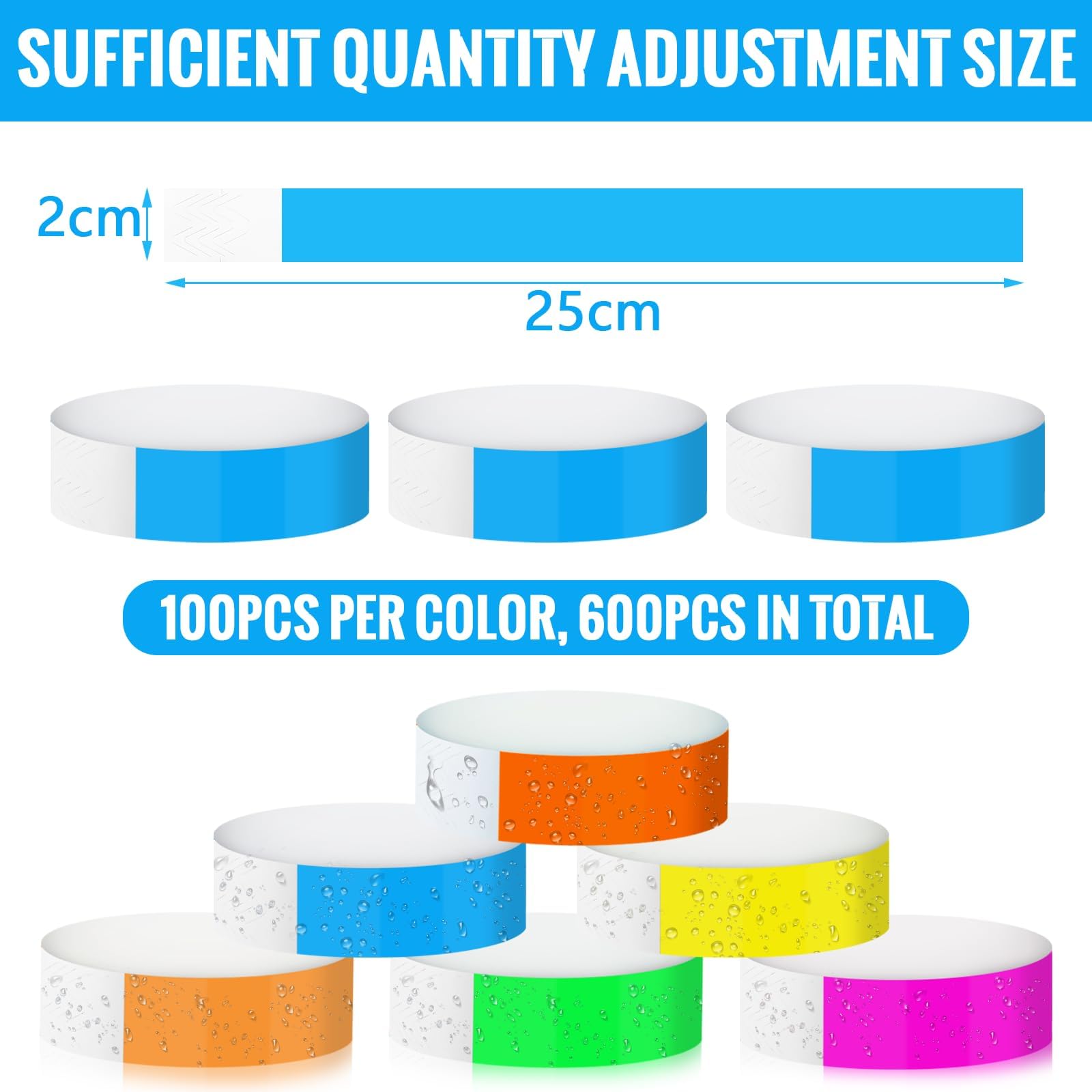 600 Piezas Pulseras Identificativas, 6 Colores Pulseras Papel para Eventos, Pulseras Fiesta, Pulseras de Entrada para Festivales, Conciertos, Parques Infantiles, Adultos y Niños (25×2cm)