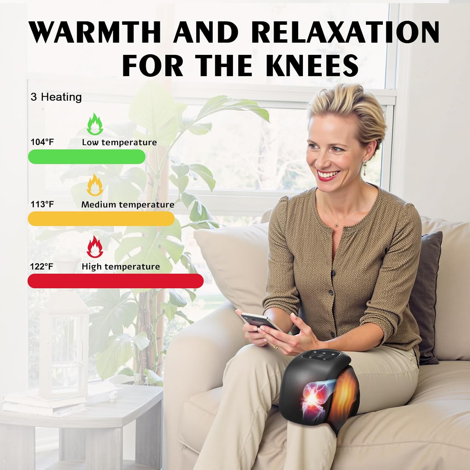 Woman on a couch with the Auxoliev Knee Massager, showing heat level indicators: 104F Low, 113F Medium, 122F High