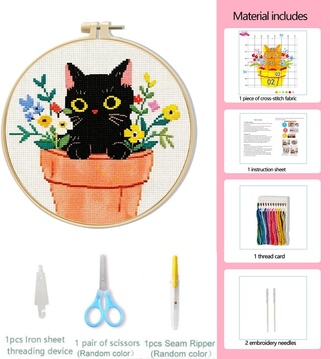 LSLFQYQSK Beginners Embroidery Kits - Cute Kitten DIY Cross Stitch Kits,Including,Stamped Flower Patterns,Hoop,Color Threads,Tools (Style A)
