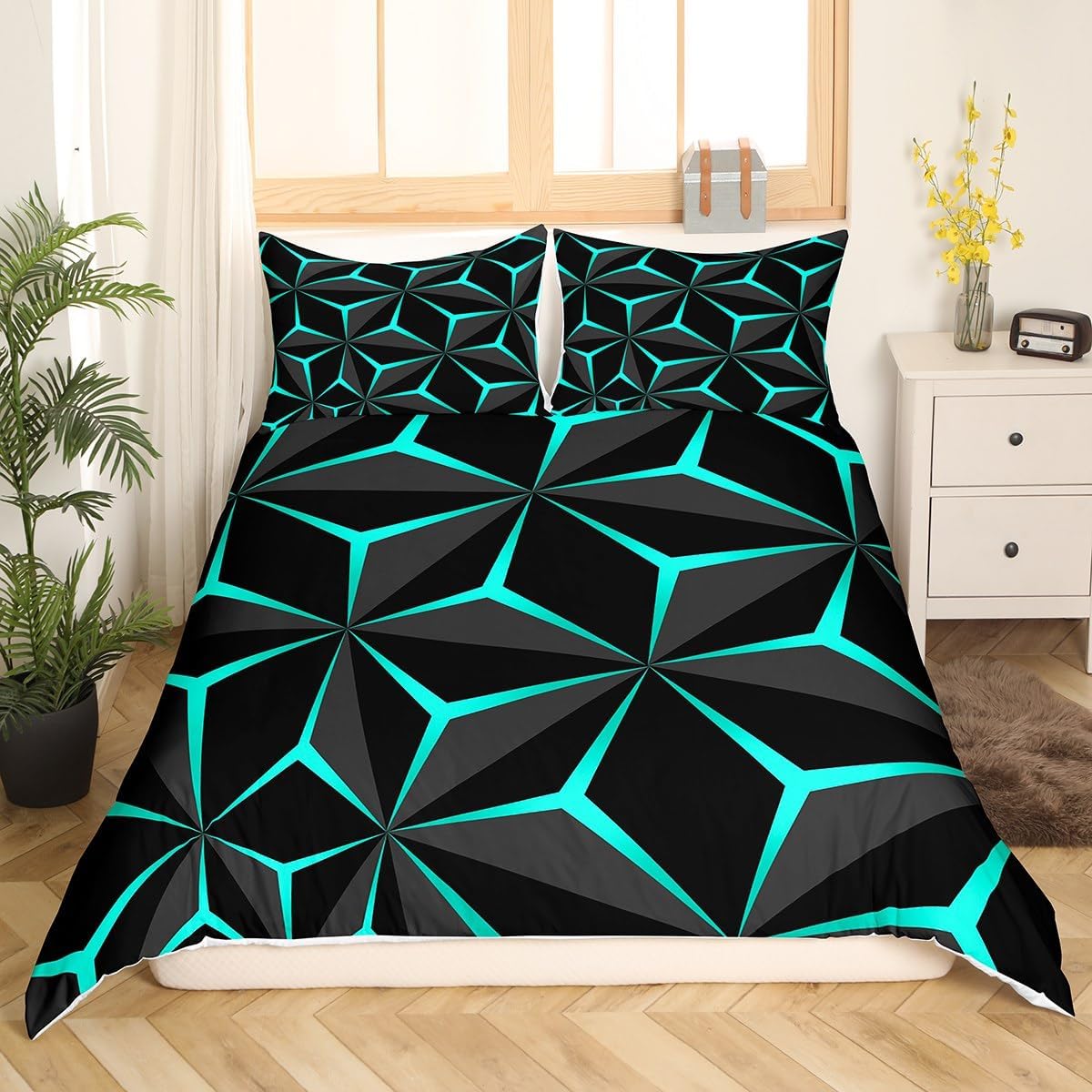 Feelyou Neon Honeycomb Duvet Cover Twin Size,Geometric Stereoscopic Theme Teens Boys Bedding Set,Geometry Adults Bedroom Decoration 3D Teal Print Comforter Cover Set All Season Multi 105 Twi
