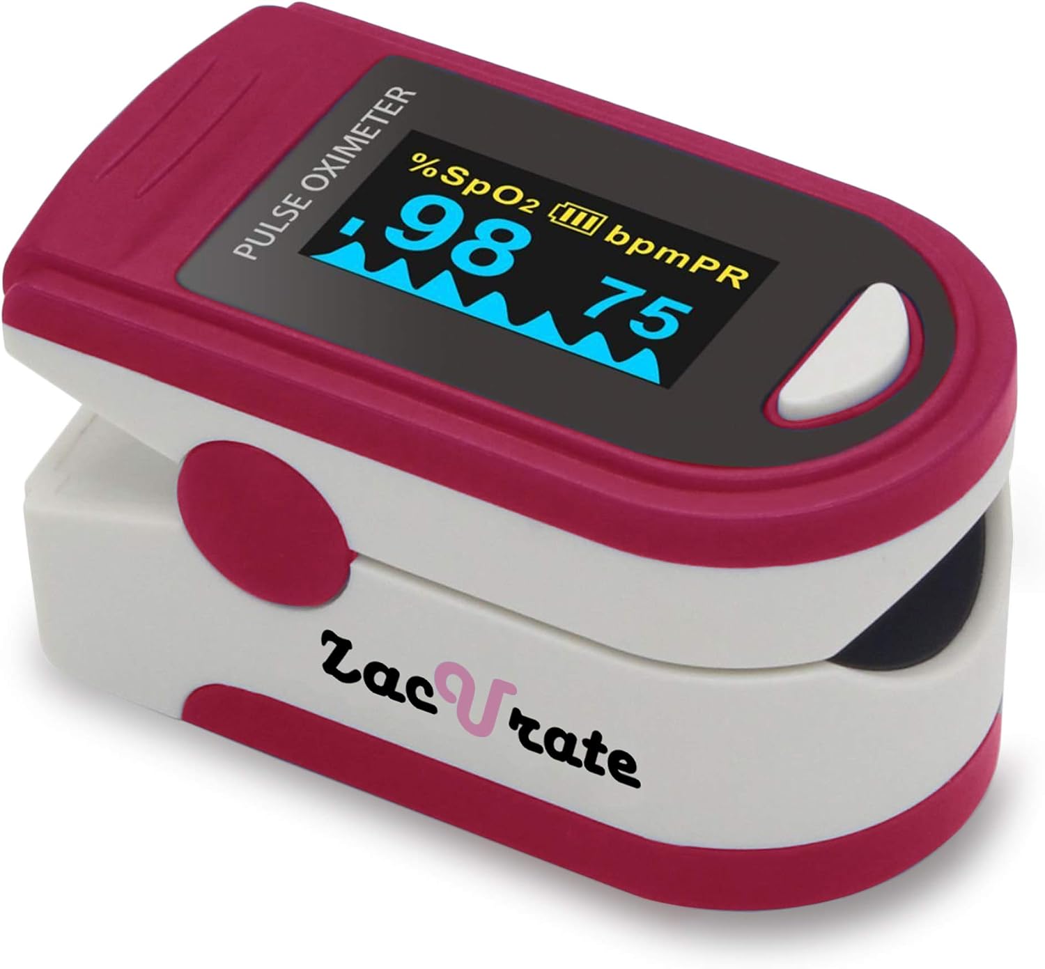 Zacurate Pro Series 500D Deluxe Fingertip Pulse Oximeter Blood Oxygen Saturation Monitor with Silicon Cover, Batteries and Lanyard (Ruby Red)