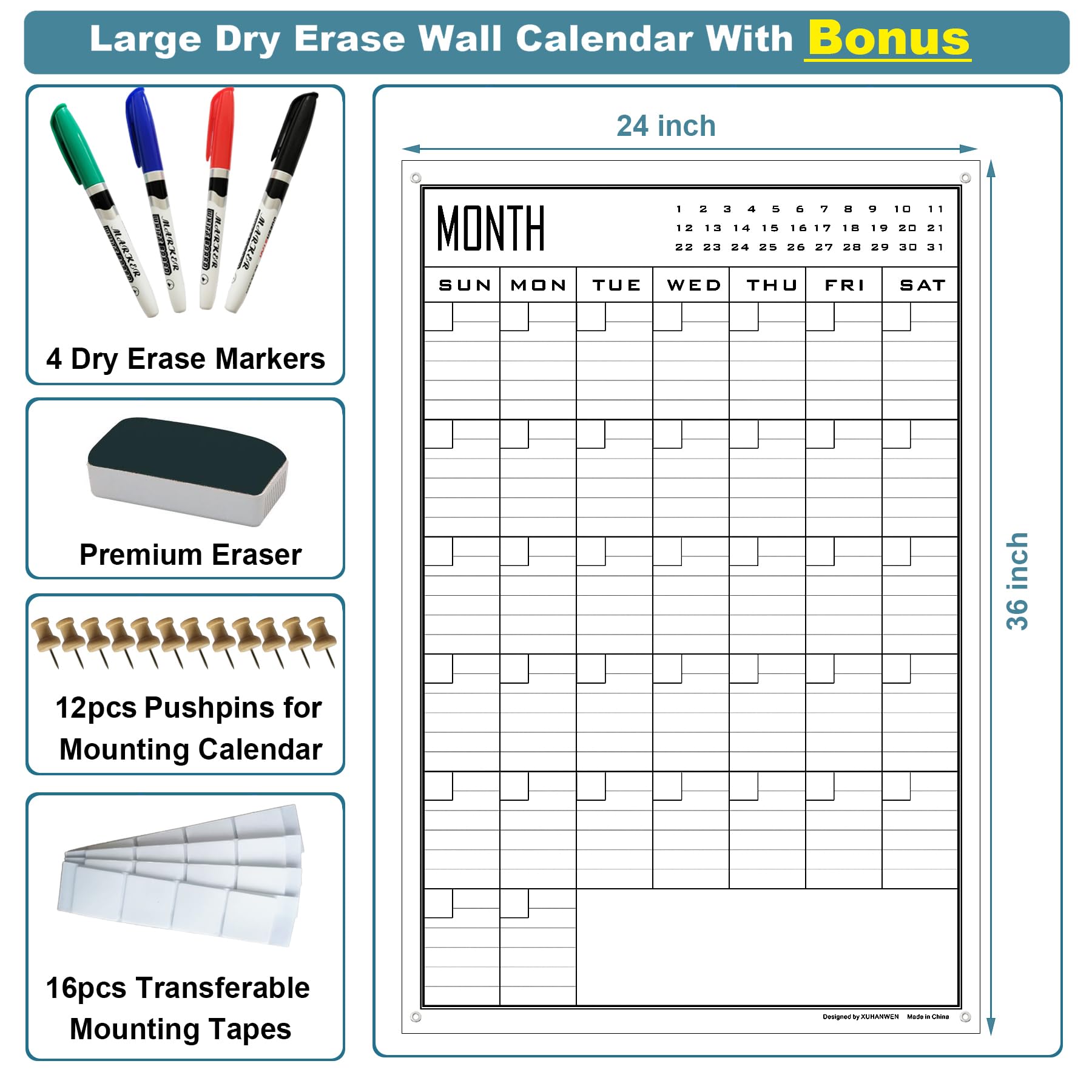 Large Dry Erase Calendar For Wall Monthly,24x36 Inch Big Vertical Blank White Board Calendar Fit to Narrow Wall,Giant Laminated Erasable 30 Day Schedule Planner Poster for Family,Office,Classroom - Image 5