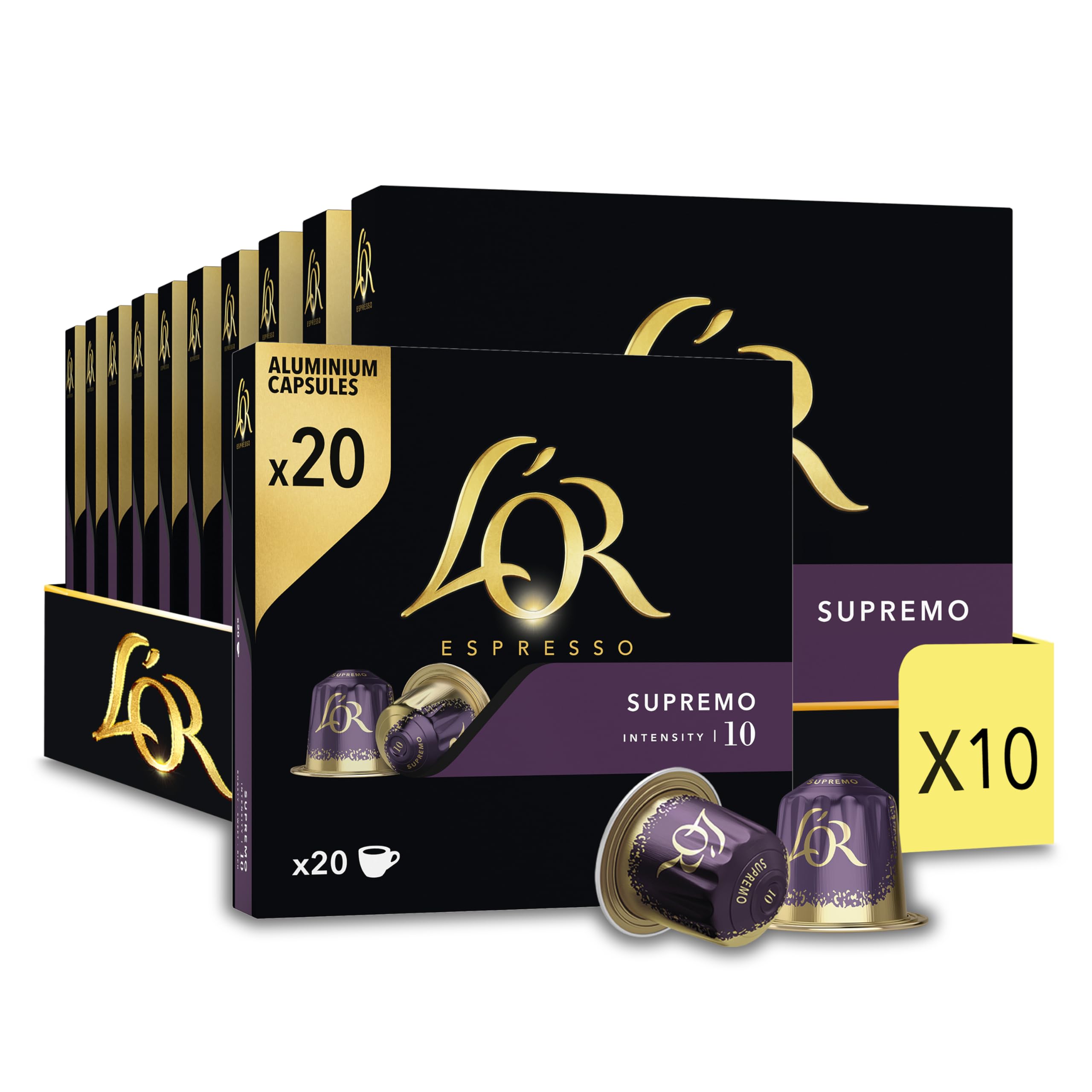 L'Or Espresso Kawa - 200 kapsułek Supremo Intensywność 10 - kompatybilne z Nespresso®* (zestaw 10 x 20 szt.)