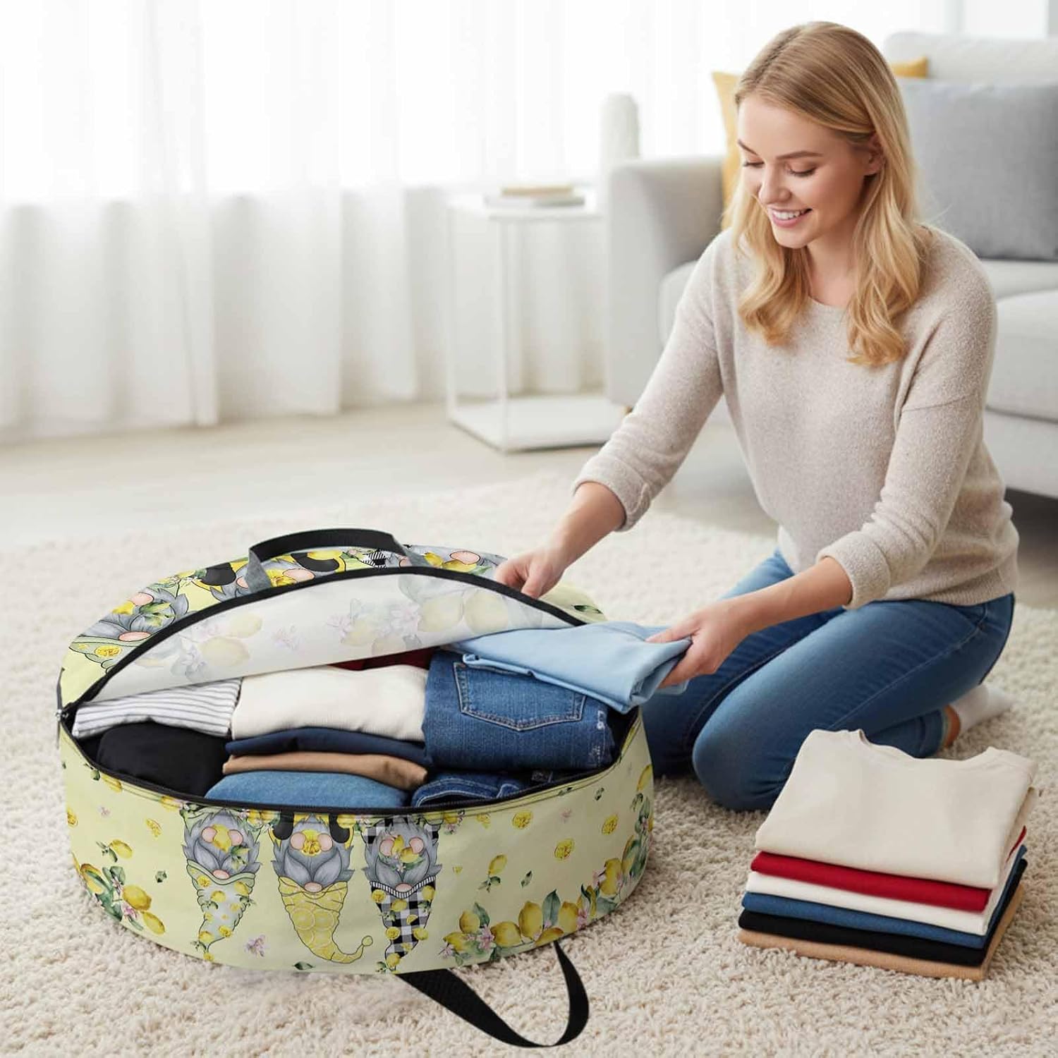 Storage Bag Lemon Gnome Round Storage Totes Bins Closet Organizers with Zippers & Handle Yellow Summer Fruit Flower Clothes Storage Container for Bedroom Dorm Space Saving Packing Supplies Moving Bags