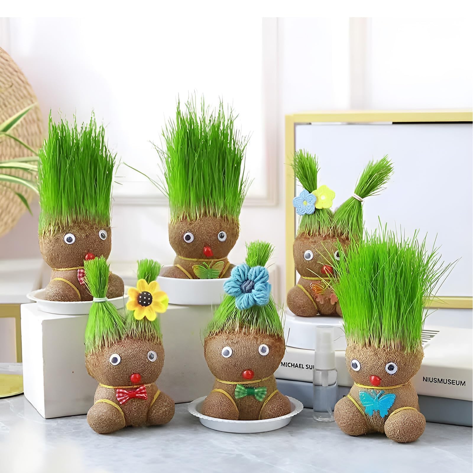 Tête d'herbe, tête de fleurs, tête d'herbe, plante de poupée, plante de poupée pour enfants, mini bonsaï herbe, tête de fleur, tête d'herbe, bonsaï, avec plateau, plantes en pot pour chambre