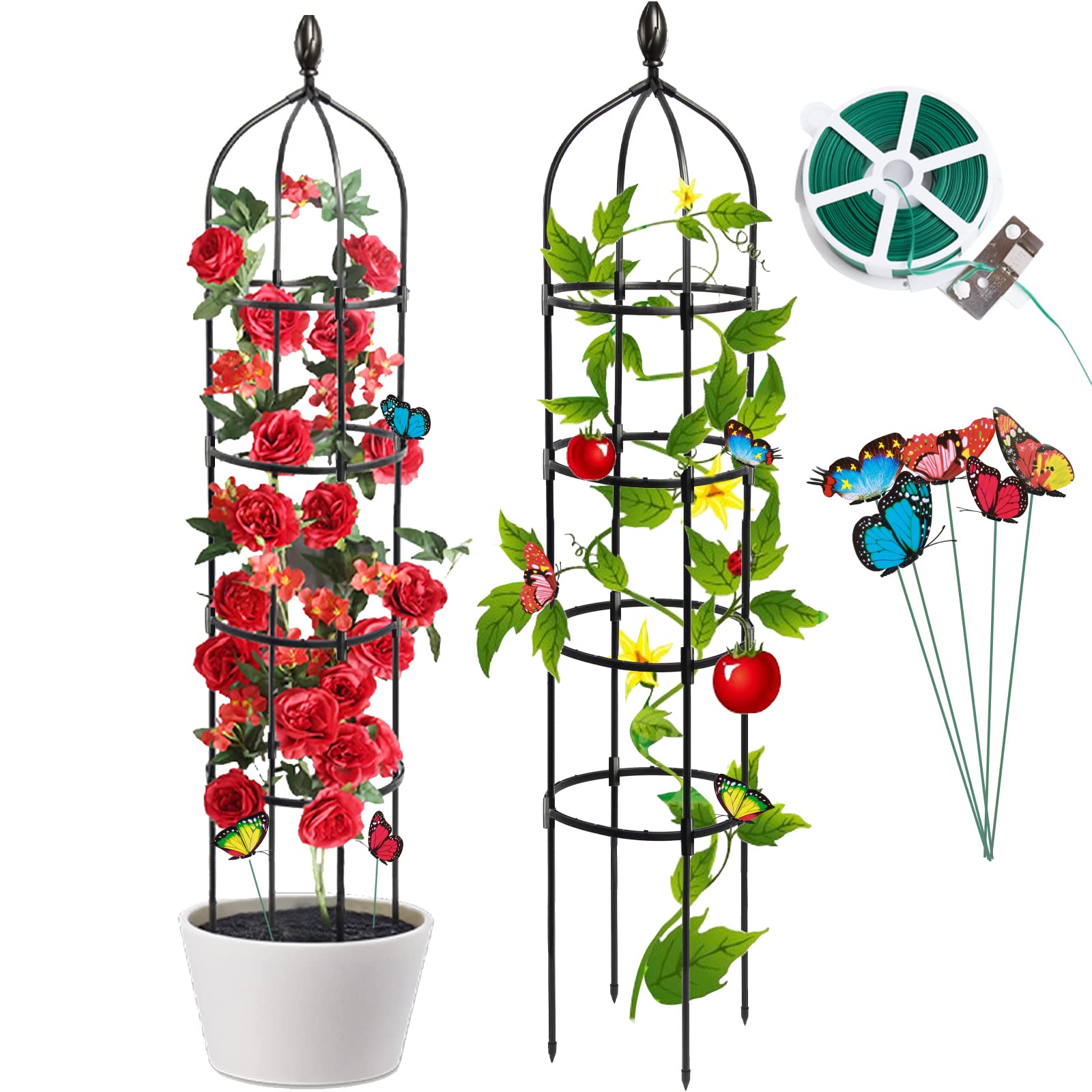 WellSign Garden Obelisk Trellis for Climbing Plants Outdoor, 6ft Tall Rustproof Coated Metal Plant Support with Garden Twist Tie (1 PK)