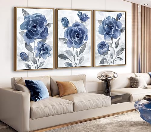 Arte de Lienzo Enmarcado Grande para Pared - Cuadros Modernos de Flores Índigo con Marco Flotante Natural, Decoración de Cuadros Florales Azul