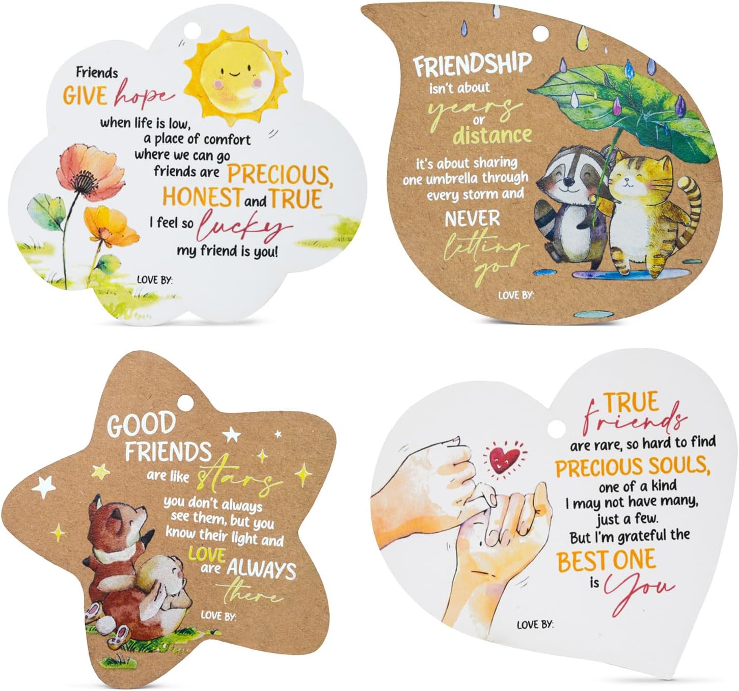 Summer-Ray 24pcs Friendship Gift Tags – Heartfelt Decorative Tags with Inspirational Quotes, 4 Unique Shapes & Designs for Gifts, Party Favors, Scrapbooking